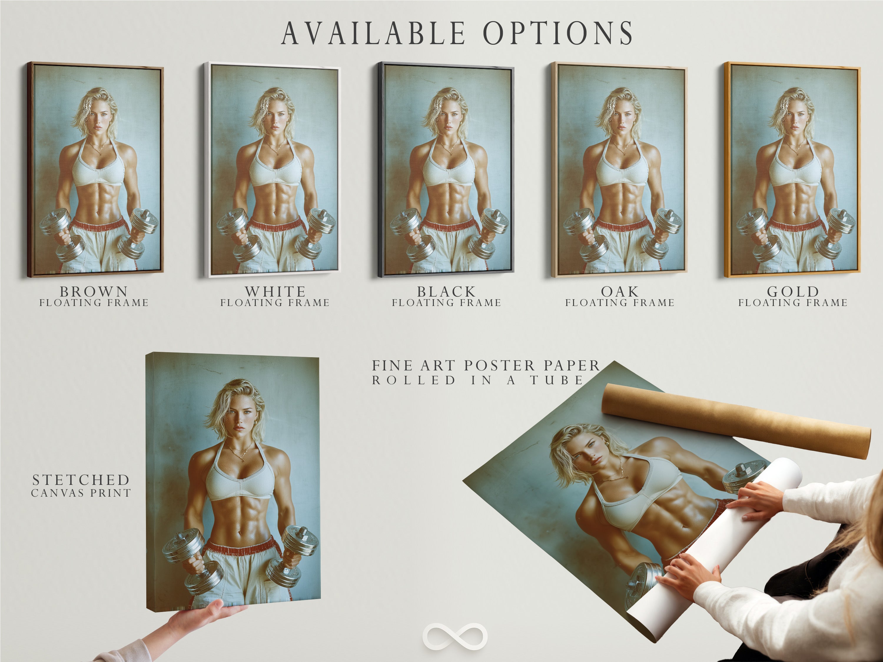 Available options for the Fitness Motivation artwork. Stretched canvas print fine art poster paper and floating frame are shown. This artwork features a strong woman. Choose the perfect option for your fitness space.