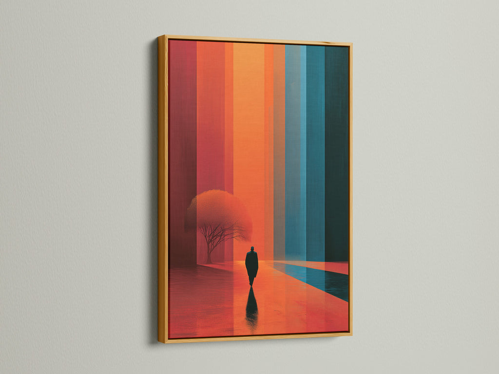 Surreal landscape artwork with a gold frame. This modern abstract wall art features a minimalist figure. The artwork showcases orange and teal hues. Elevate your wall decor with this abstract canvas or minimalist print.