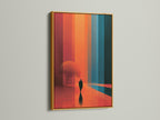 Surreal landscape artwork with a gold frame. This modern abstract wall art features a minimalist figure. The artwork showcases orange and teal hues. Elevate your wall decor with this abstract canvas or minimalist print.