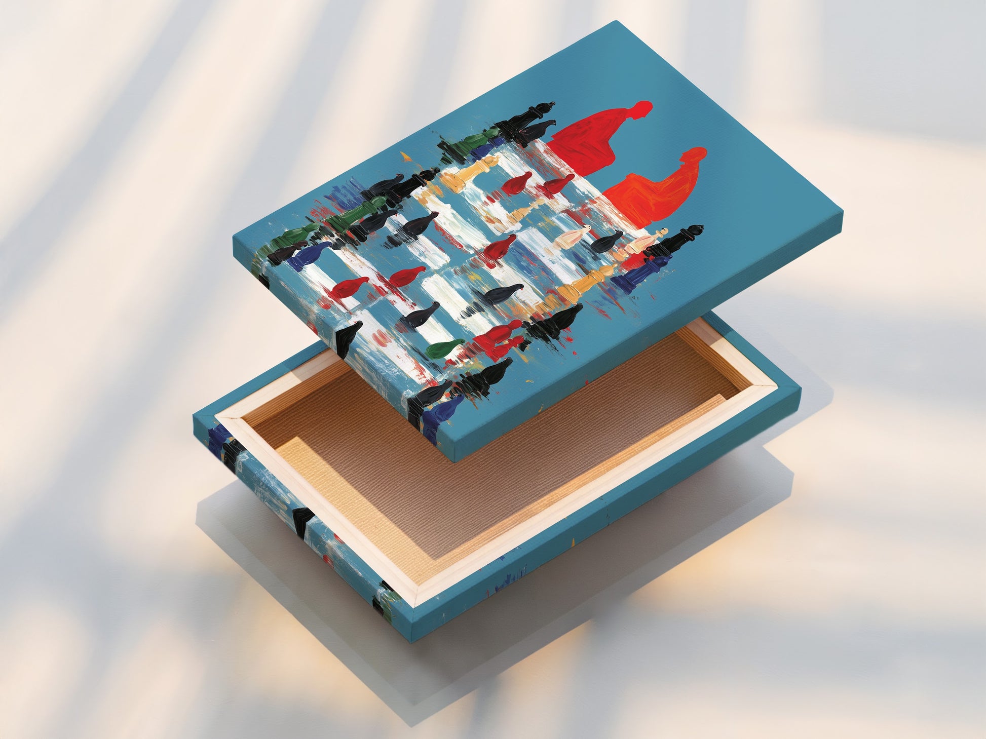 A stretched canvas print featuring abstract chess artwork. The artwork is ready to hang for immediate display. The vibrant teal and red hues add modern touch. Elevate your decor today.