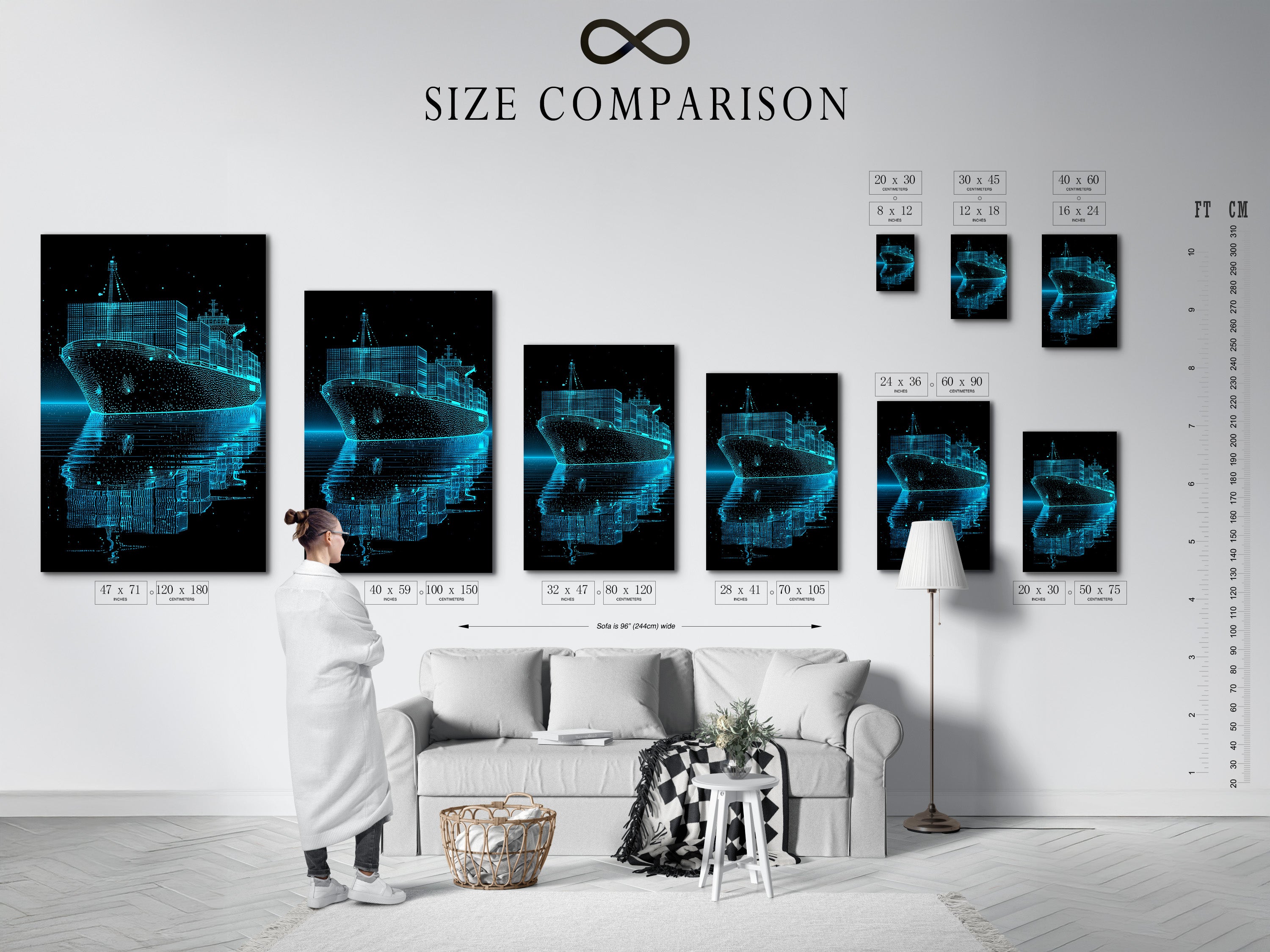 A size comparison chart displayed in an interior setting. The chart provides a visual reference for different artwork dimensions. It helps customers visualize how various sizes will fit in their spaces. The size comparison chart ensures customers select the perfect artwork size.