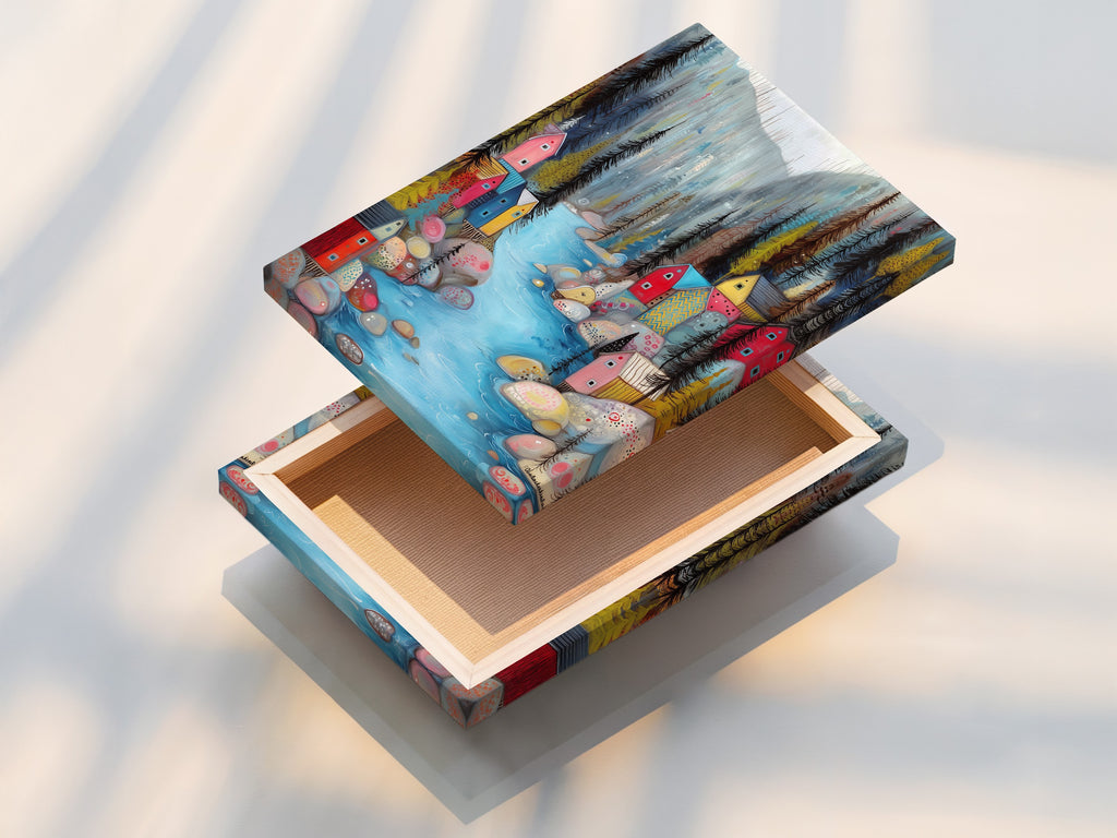 A stretched canvas print of the Village River artwork. The canvas print offers a gallery-wrapped look. It is ready to hang and enjoy. This format brings out the texture and depth of the artwork. Perfect for creating a focal point in your living space.