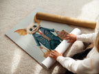 A woman is carefully rolling a fine art poster paper of the monster travel artwork. The artwork is printed on high-quality paper. This ensures the whimsical art looks its best. The poster is perfect for framing or hanging as is. Add a touch of oddity to your decor with this travel print.