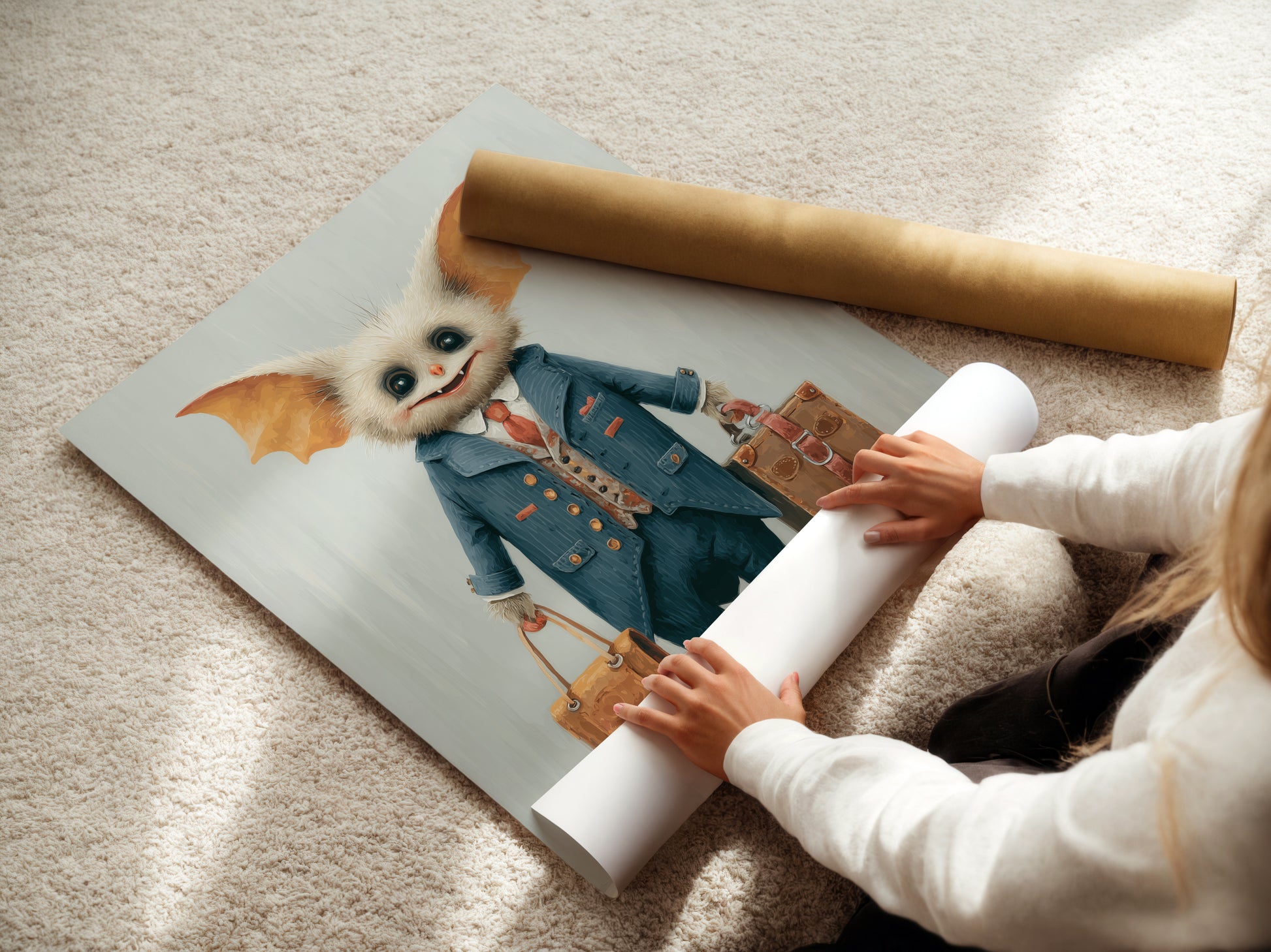 A woman is carefully rolling a fine art poster paper of the monster travel artwork. The artwork is printed on high-quality paper. This ensures the whimsical art looks its best. The poster is perfect for framing or hanging as is. Add a touch of oddity to your decor with this travel print.