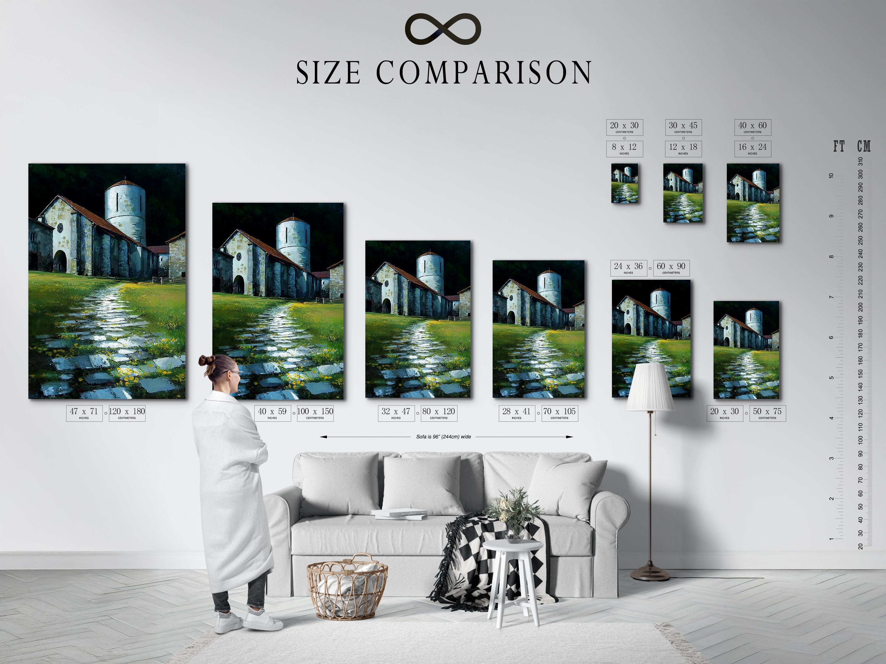 A size comparison chart in an interior setting. See how the church tower artwork fits. Choose the perfect size for your living room. The stone path is visible. The rustic style is perfect for any room