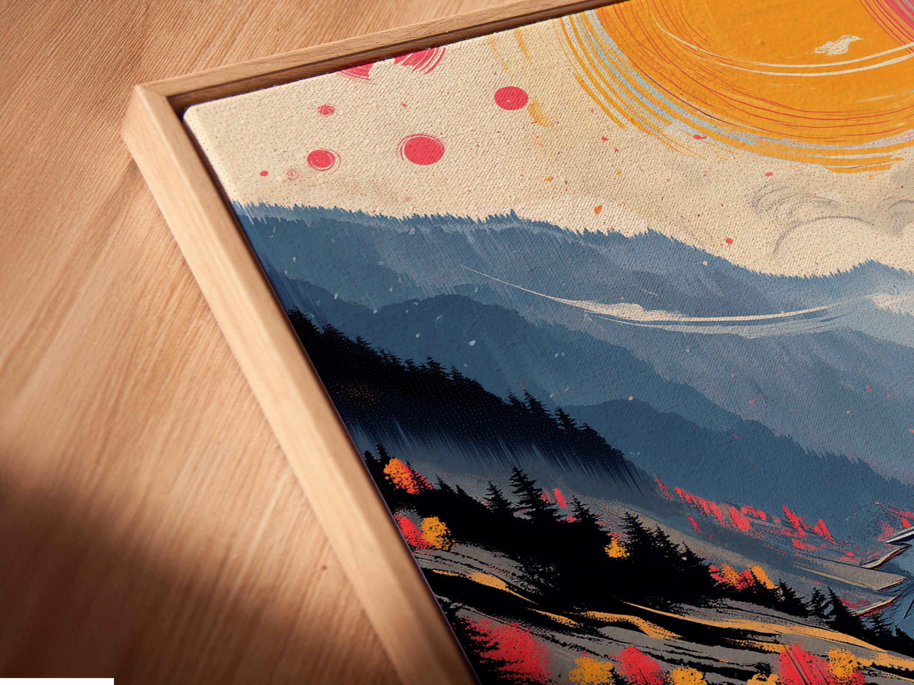 Angled close up of a mountain lake art canvas print in a floating frame. The artwork features an autumn landscape with teal and coral colors. This contemporary wall decor is perfect for adding depth and style to any space.