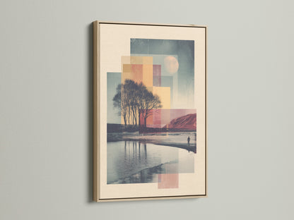 Oak Frame. The artwork features a serene landscape. It has a body of water and trees. The frame is made of high-quality oak. It adds a touch of nature to any room.