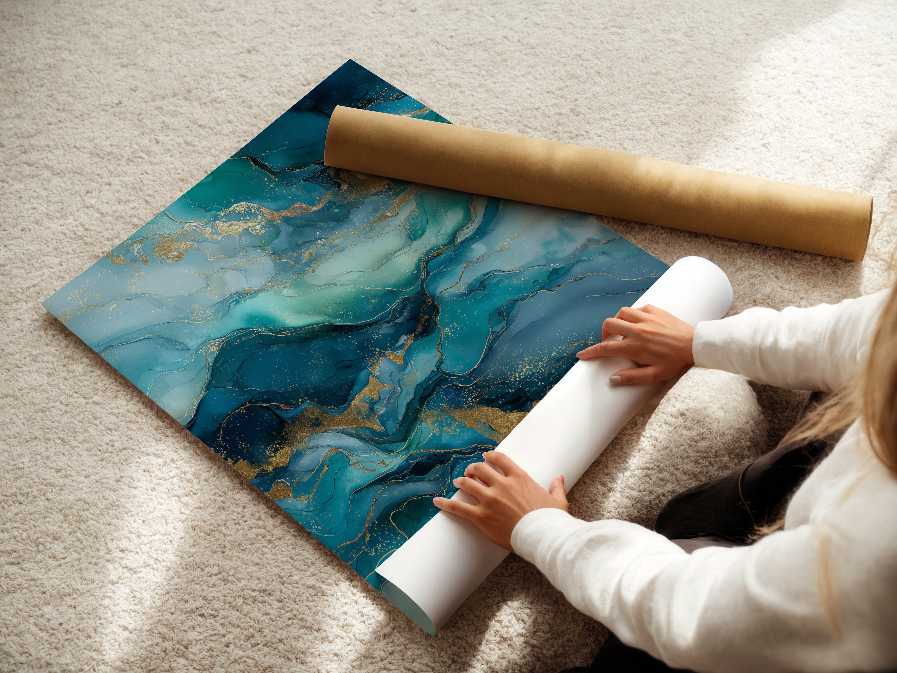 A woman is carefully rolling a fine art poster paper. The artwork features an abstract ocean design with teal and gold hues. This high quality print is perfect for modern bedroom decor. Add coastal elegance to your home with this fluid art poster.
