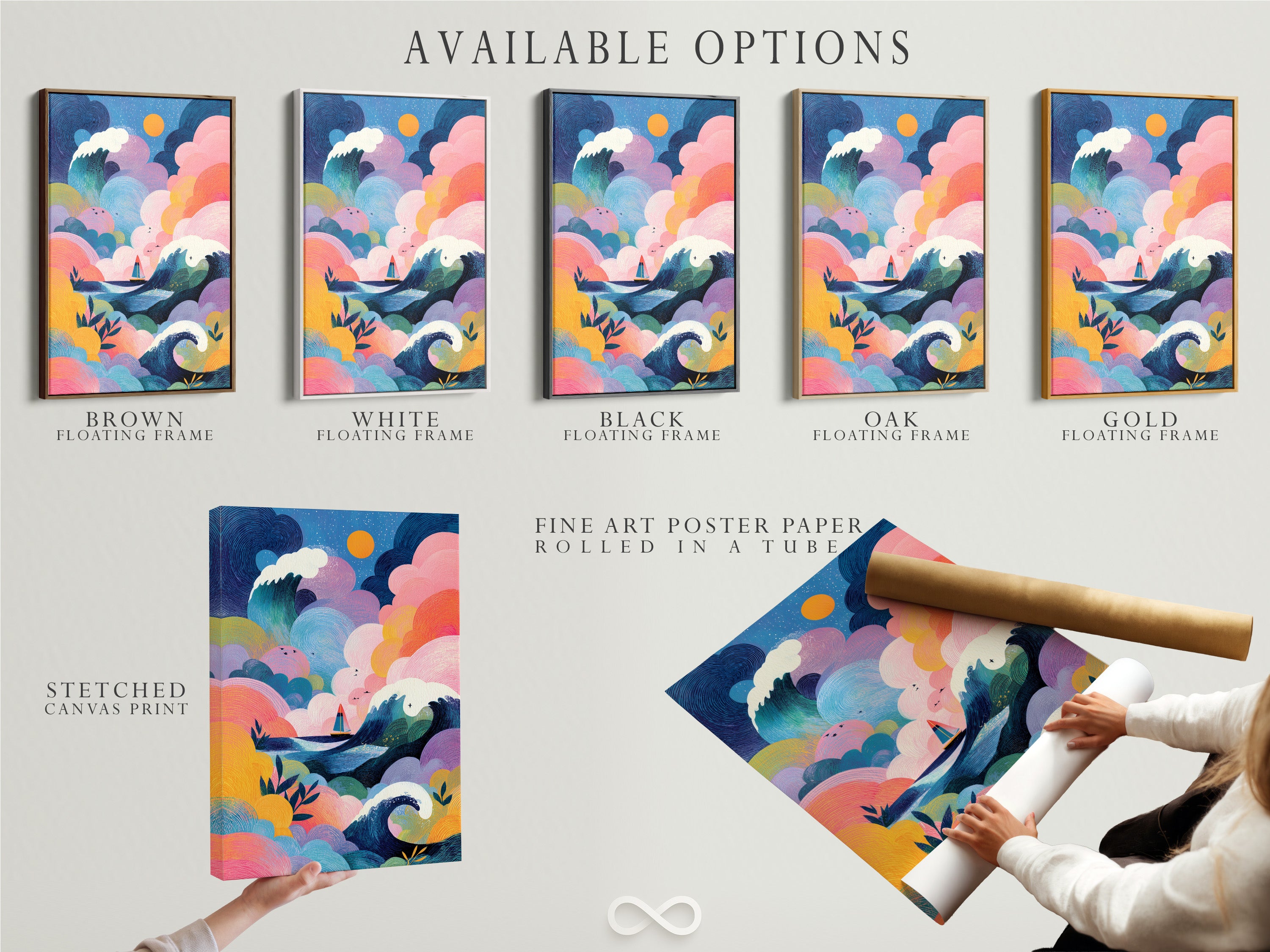 Available options for art prints are displayed. Choose from stretched canvas prints. Select fine art poster paper or a floating frame. Customize your art to fit your personal style and space.