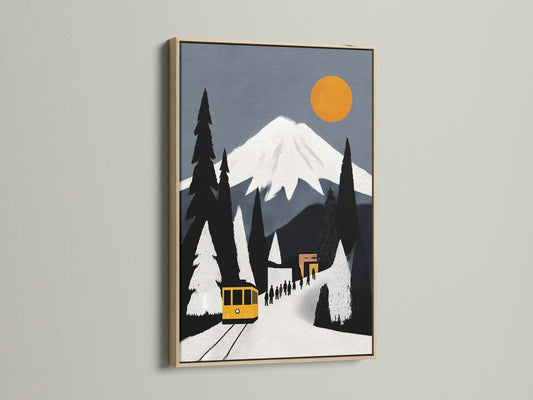 The Mountain Train artwork features an oak frame. The vintage travel print enhances your space. Alpine railway art for living rooms bedrooms and offices. Contemporary wall decor for minimalist styles.