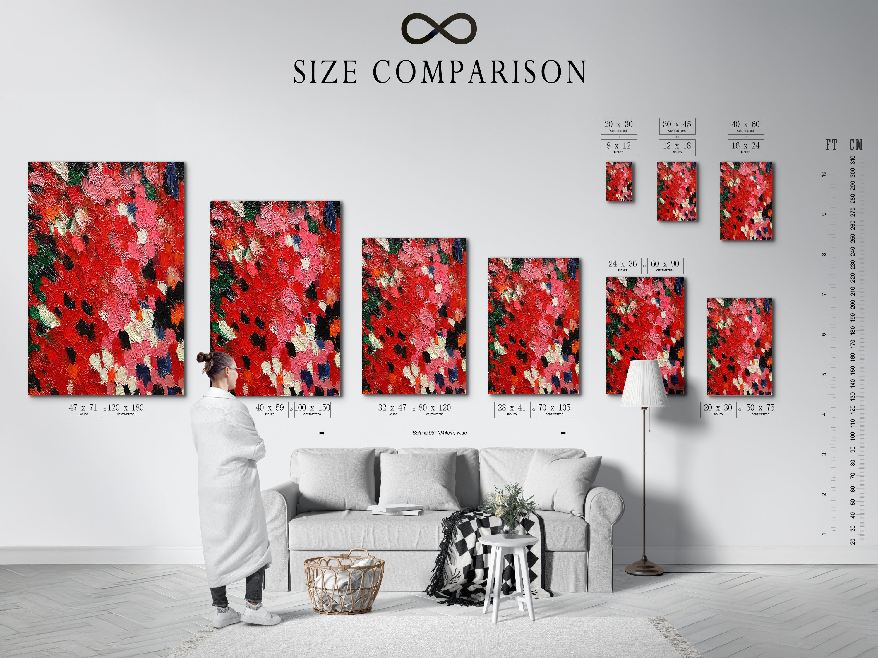A size comparison chart is displayed in an interior setting. It showcases the available sizes for the abstract red artwork. It helps visualize how the textured impasto wall art fits in various spaces. Perfect for planning your contemporary palette knife painting display. Ideal for modern abstract artwork.