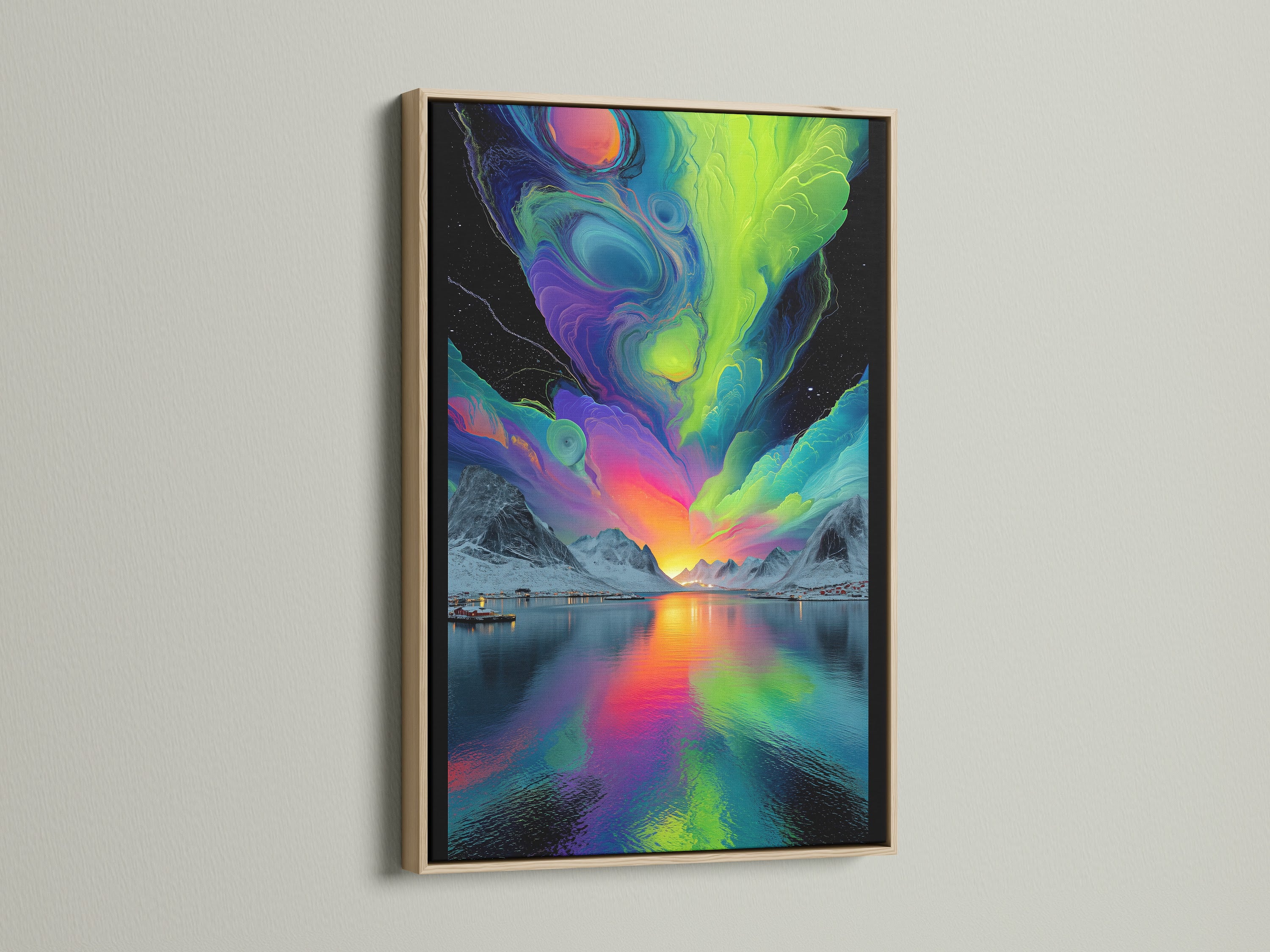 Oak frame showcases a captivating aurora borealis artwork. The landscape art features colorful canvas reflecting Nordic scenery. It's a modern wall art piece for living rooms or offices. The vivid art creates a vibrant atmosphere.