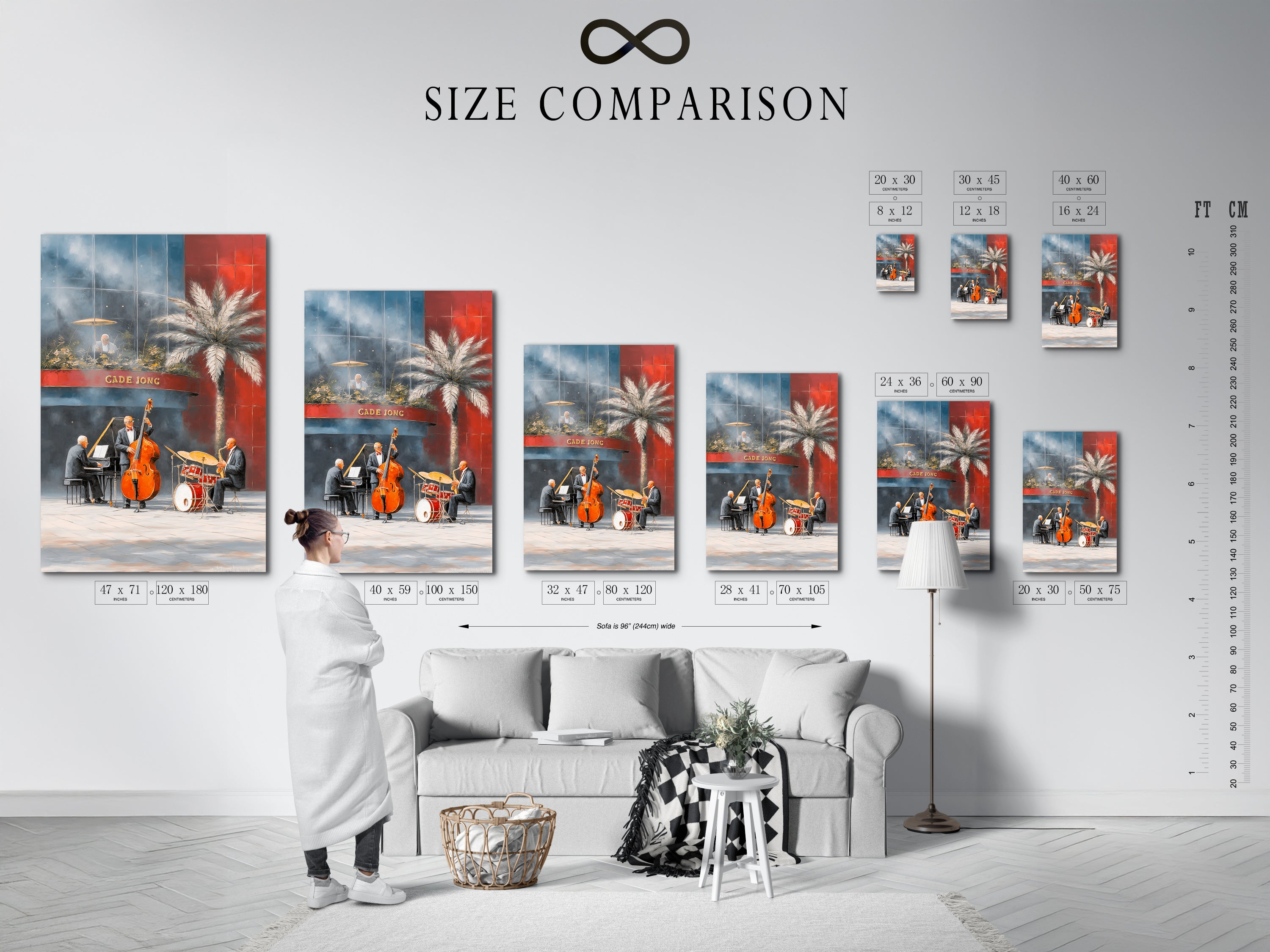 A size comparison chart displays the jazz band artwork in an interior setting. Visualize the perfect fit for your space. This New Orleans music art suits living rooms cafes and music rooms. Find the ideal size for your vintage wall art. This musical artwork is a must-have.