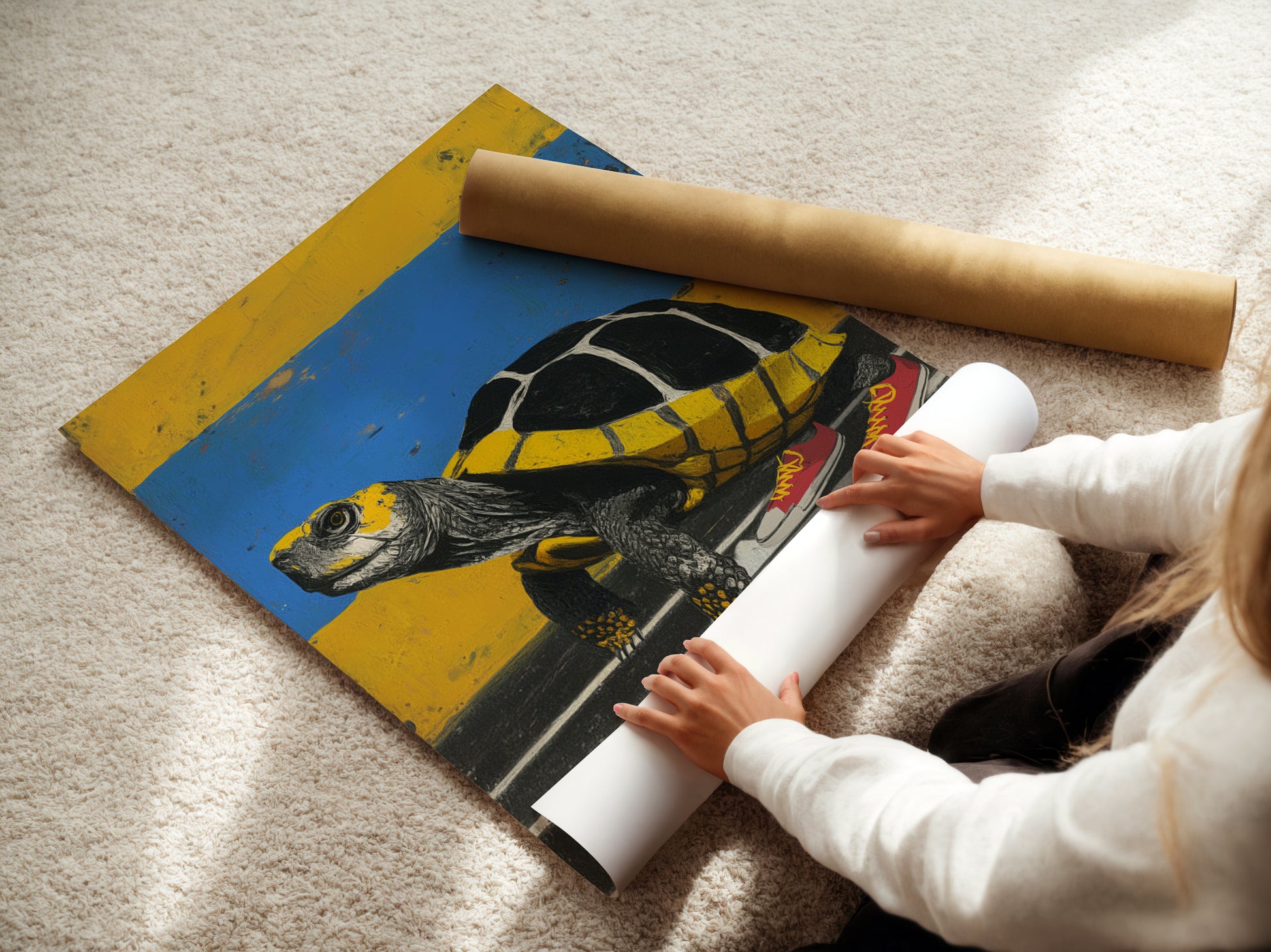 A woman is carefully rolling a fine art poster paper. The artwork is a turtle wearing sneakers. This animal wall art is perfect for adding a quirky touch to your space. Ideal for art enthusiasts seeking unique pieces. This whimsical print features yellow and blue tones.