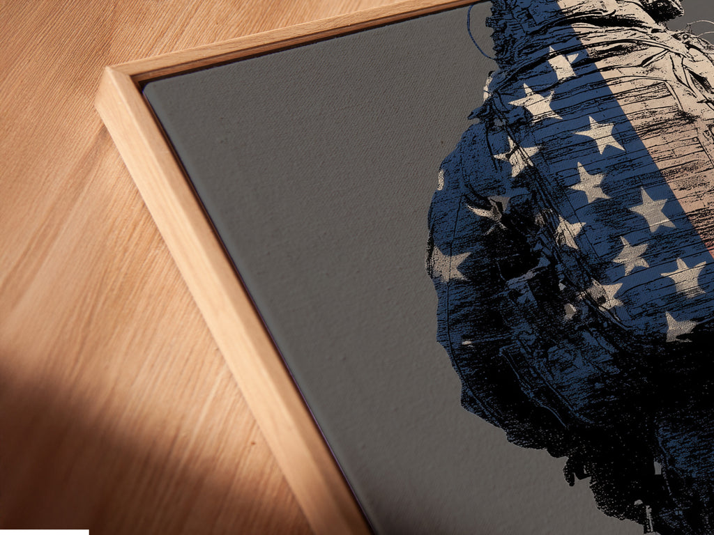 A close-up of a canvas print in a floating frame. The American Soldier artwork looks sleek. This patriotic piece enhances any office. A modern touch to your veteran memorial.
