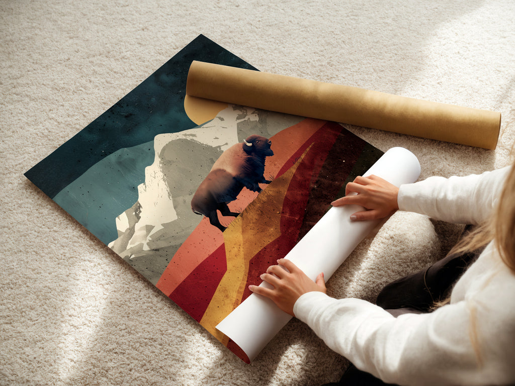 A woman is carefully rolling a fine art poster paper. This highlights the care and quality that goes into preparing our art prints. Fine art poster paper ensures vibrant colors and sharp details. Making your chosen artwork truly stand out. Get ready to display your new art.