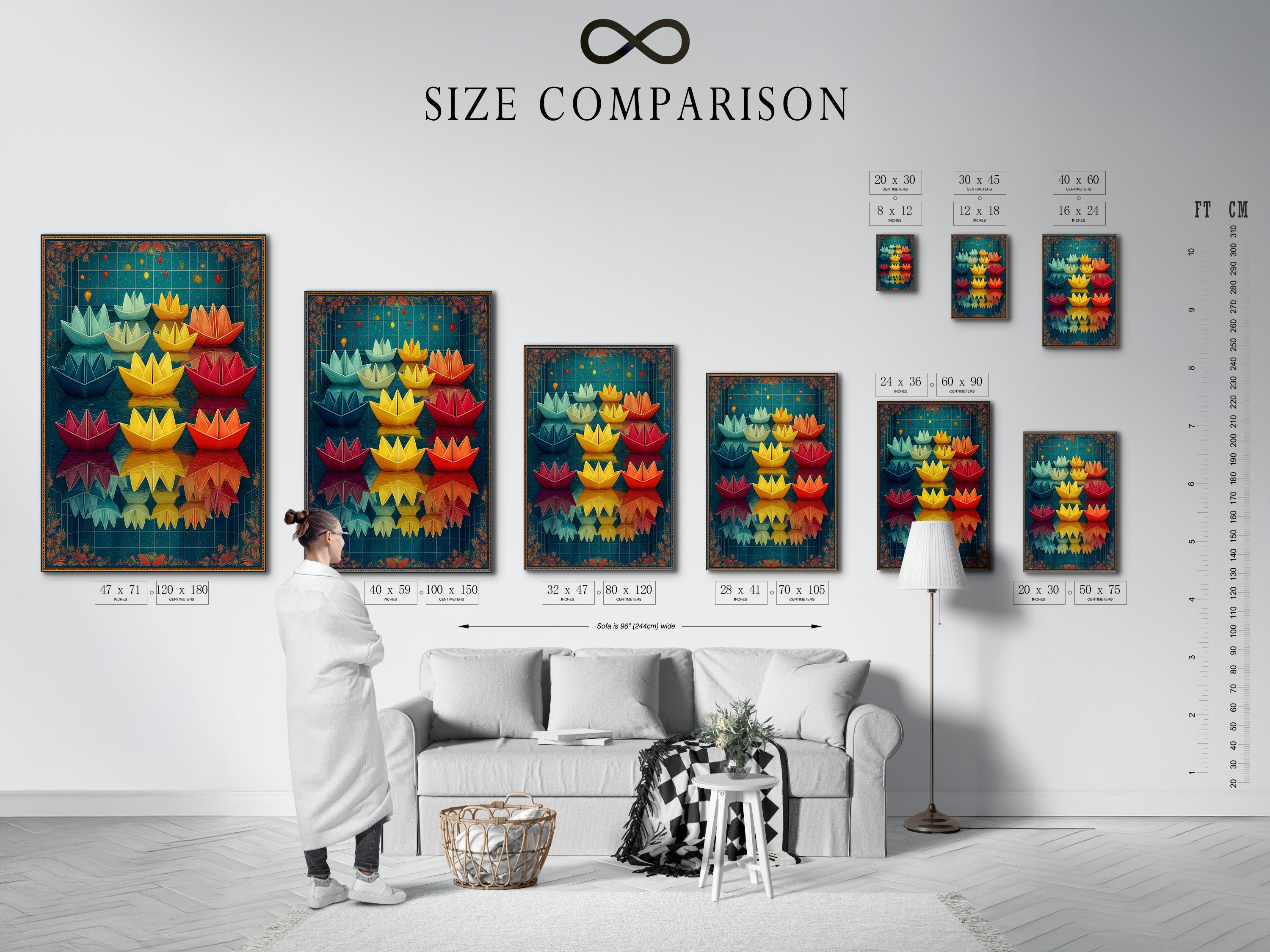 Size comparison chart displayed in a home interior. See how the Paper Boat artwork fits in different spaces. Choose the perfect size for your nursery or playroom. Visualize the modern kids art in your home.