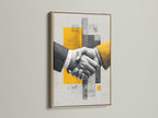 Business Handshake Art Print with an oak frame. This modern artwork adds a professional touch to any office. The yellow abstract print complements corporate decor. Perfect for creating a collaborative atmosphere.