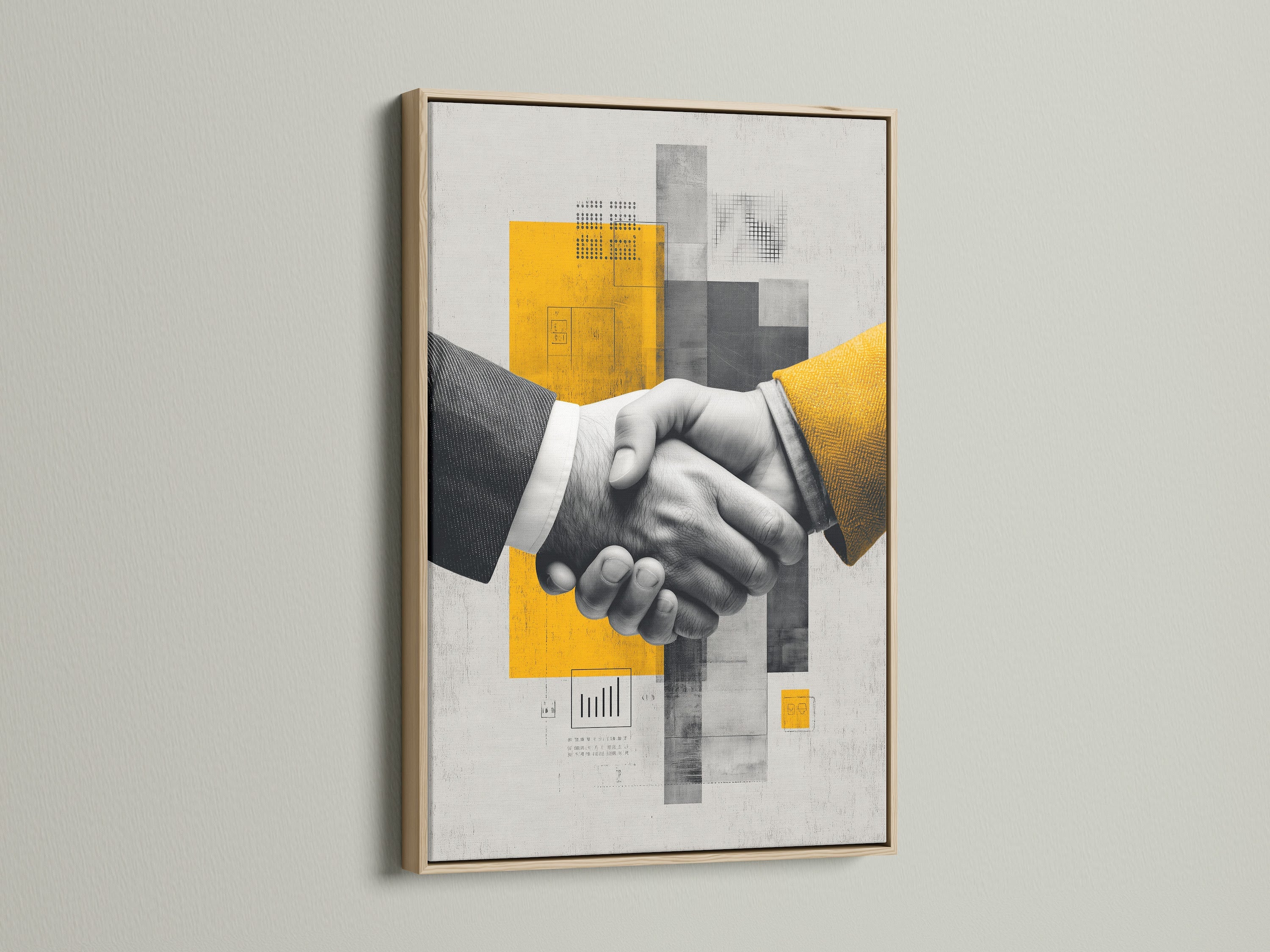 Business Handshake Art Print with an oak frame. This modern artwork adds a professional touch to any office. The yellow abstract print complements corporate decor. Perfect for creating a collaborative atmosphere.