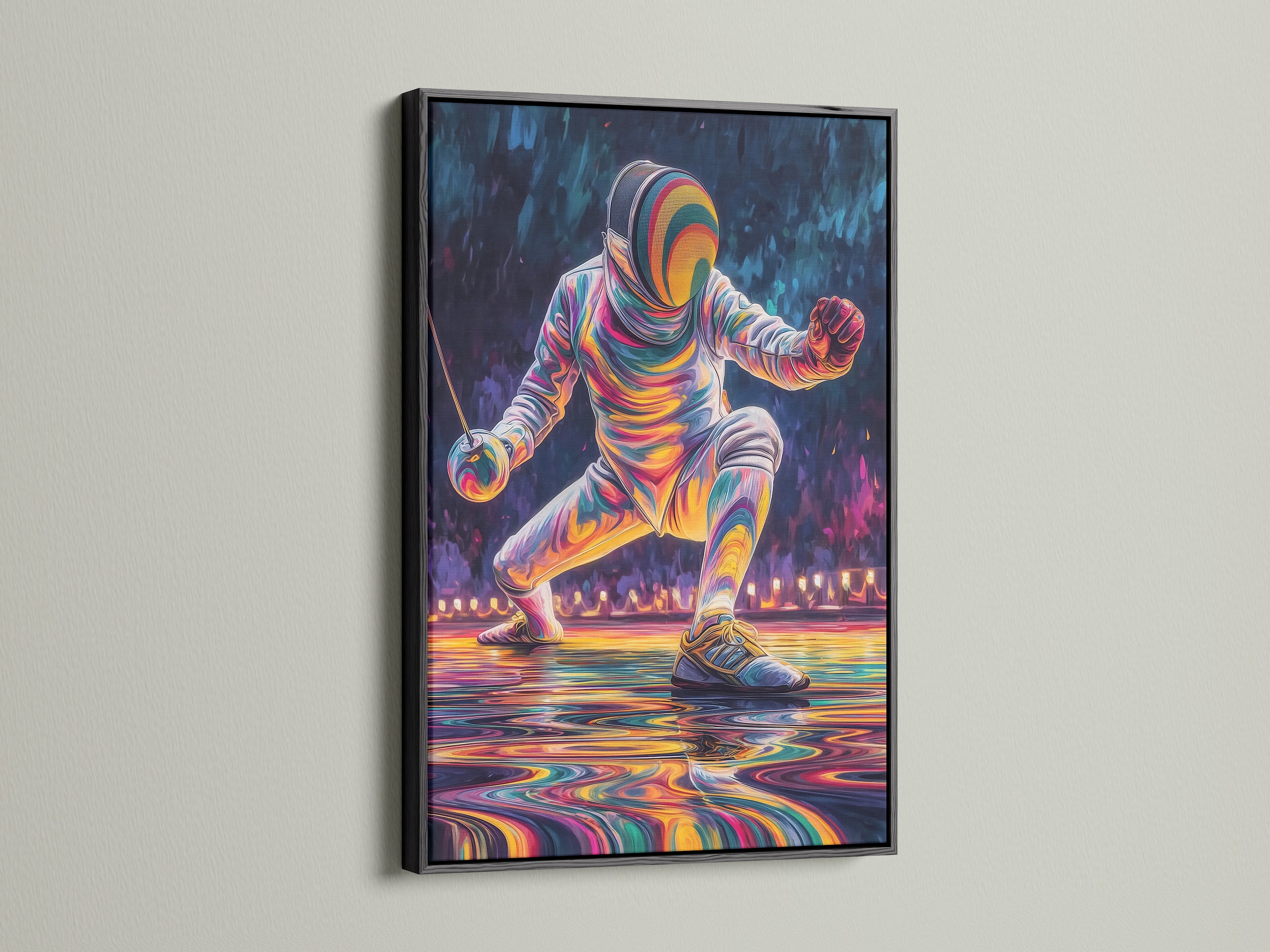 The fencer artwork is presented in a sleek black frame. This modern art print gains a sophisticated touch. The black frame enhances the artwork's vibrant colors. It is perfect for contemporary spaces and fitness decor. An eye-catching sport canvas.