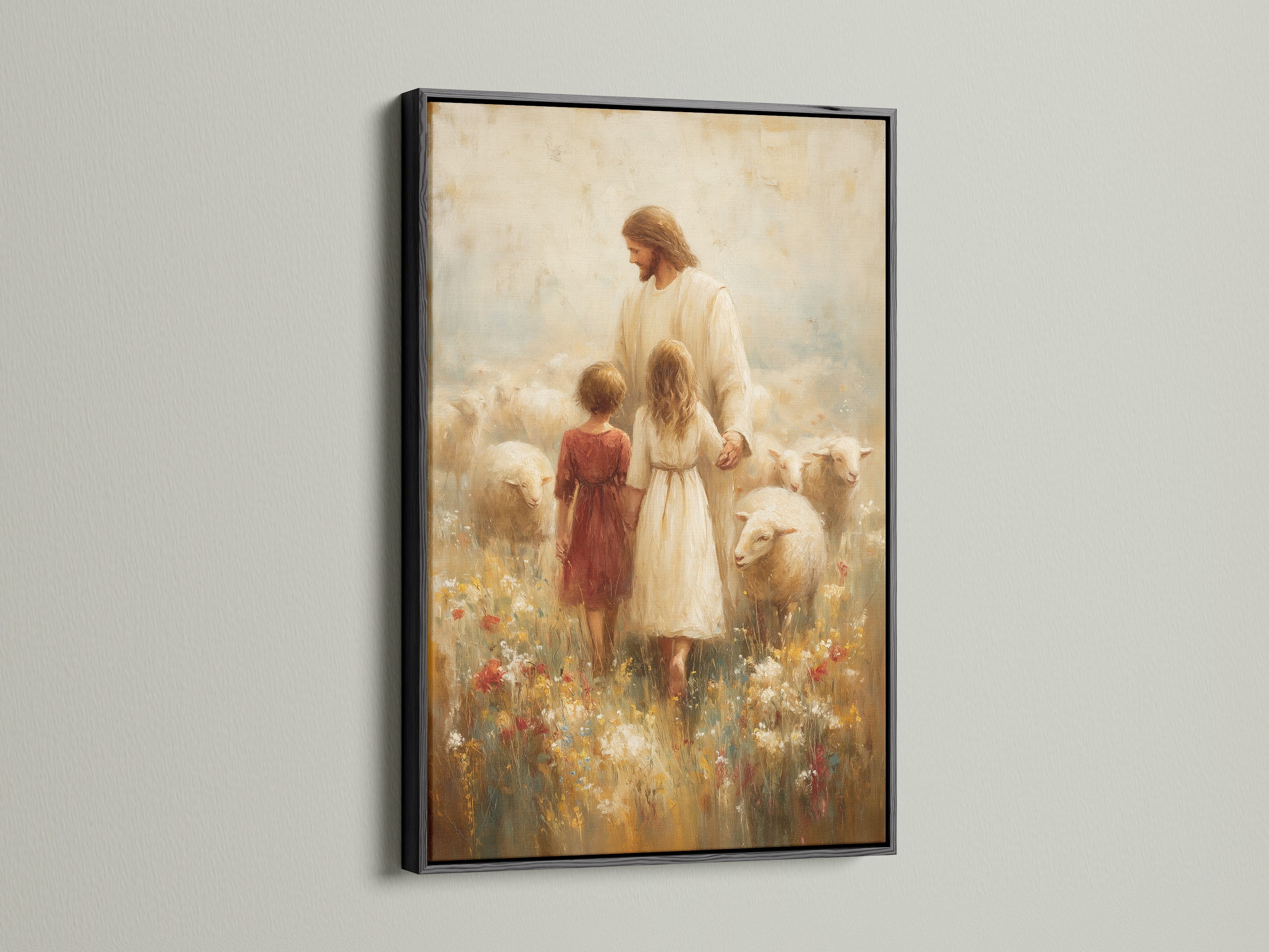This fine art print of Jesus with children and sheep is framed in black. The black frame adds a bold and sophisticated touch. This artwork will enhance your space. It is a striking piece that draws the eye. Bring depth and elegance to your decor.