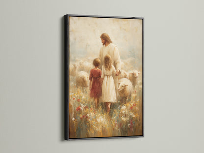 This fine art print of Jesus with children and sheep is framed in black. The black frame adds a bold and sophisticated touch. This artwork will enhance your space. It is a striking piece that draws the eye. Bring depth and elegance to your decor.