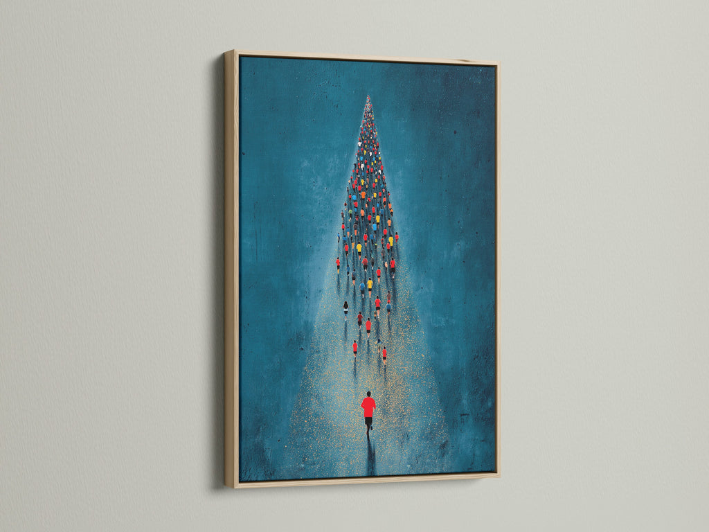 The aerial swimmers artwork is beautifully displayed in an oak frame. This ocean sports print is perfect for adding a touch of aquatic charm. It enhances any space from home gyms to office walls. The artwork provides an inspiring focal point. The oak frame complements the blue and gold tones.