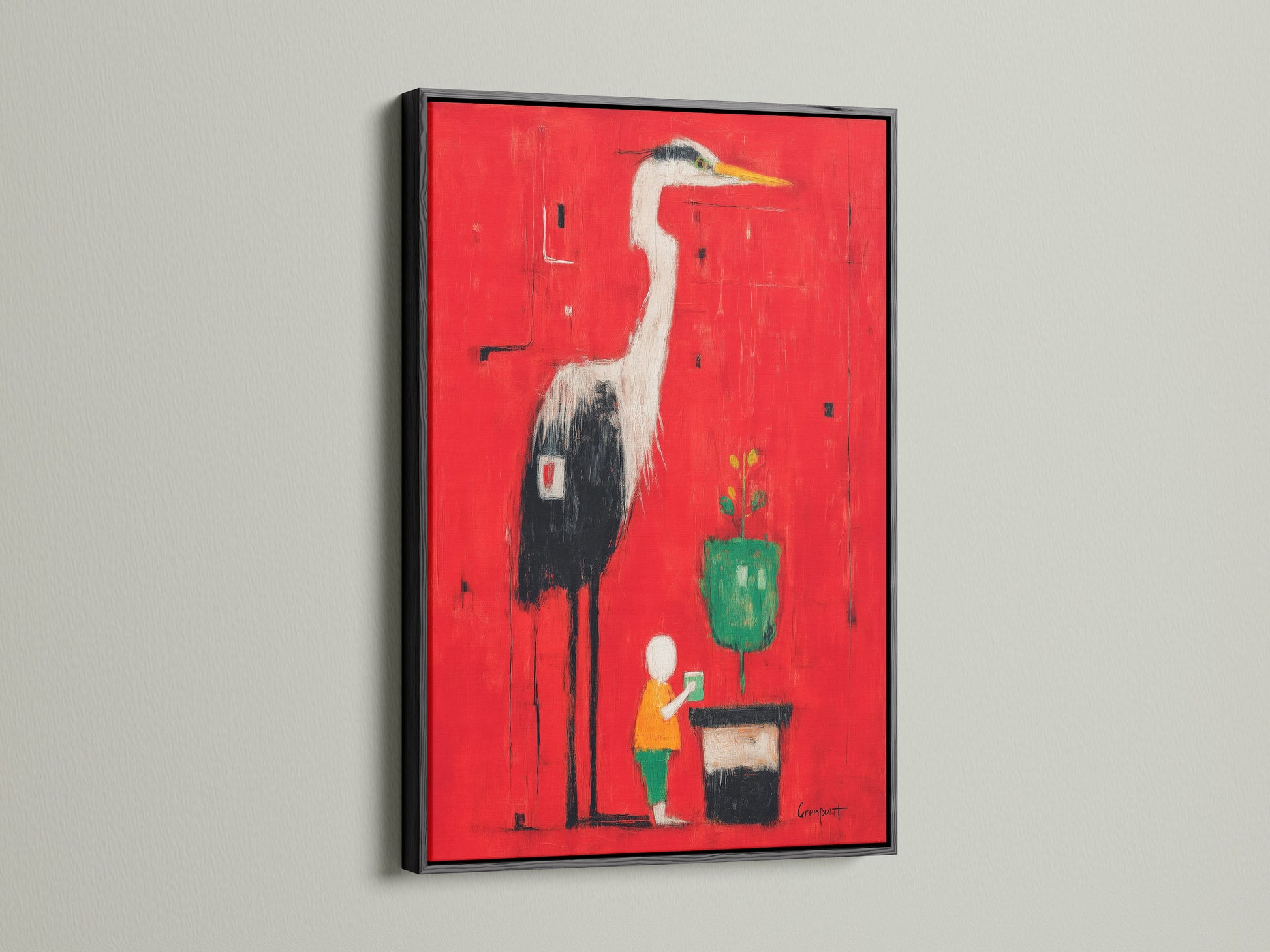 Heron Art Canvas Print in a black frame. The red abstract wall art features a modern bird artwork. This artwork makes a bold statement. The black frame adds a sleek sophisticated look.
