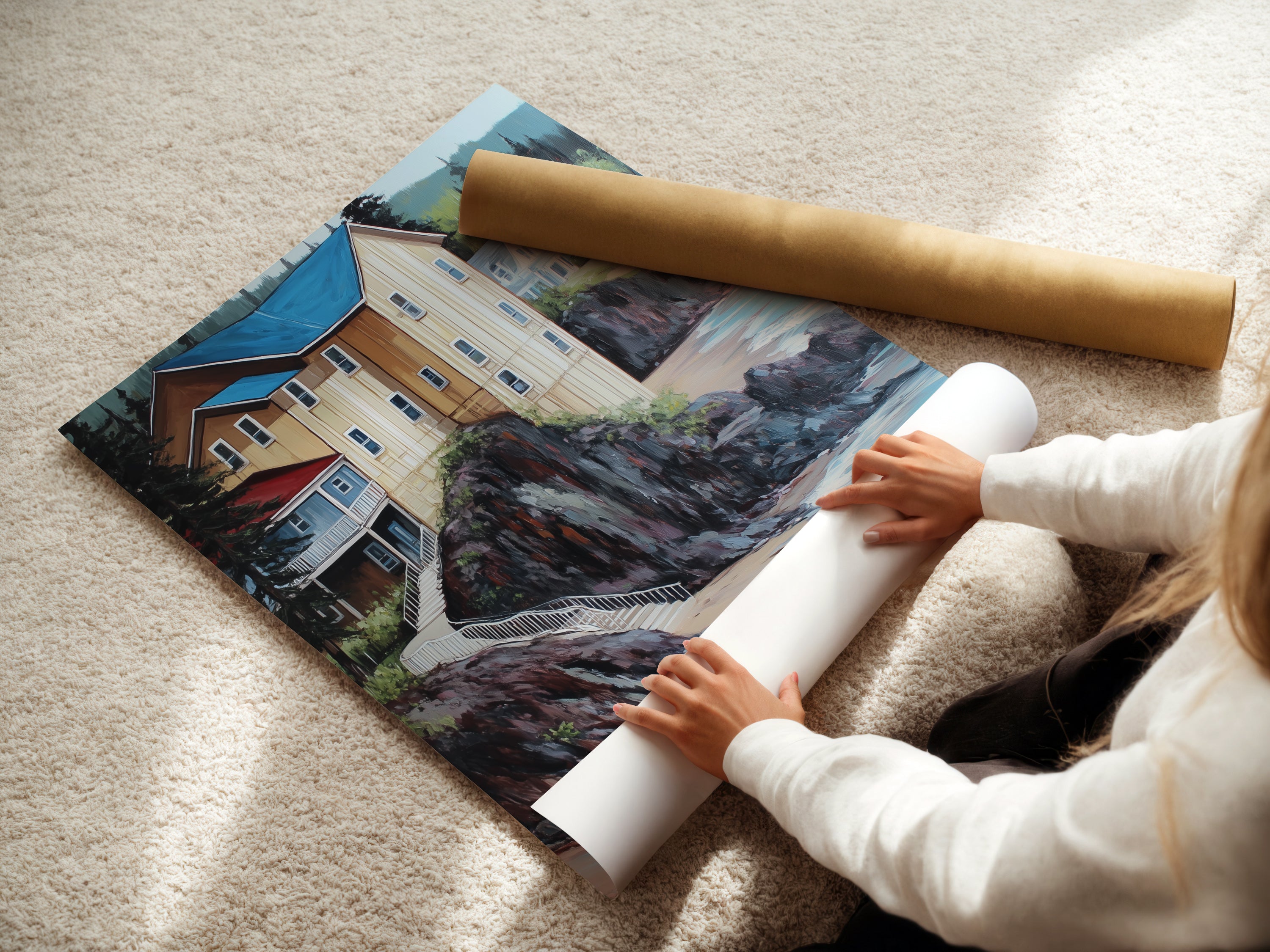 A woman rolling a fine art poster paper of coastal artwork. High-quality nautical artwork ready for framing. This beach house decor is perfect for any room. The fine art poster paper ensures a stunning display. Ideal for coastal style art. Add a touch of the ocean to your home.