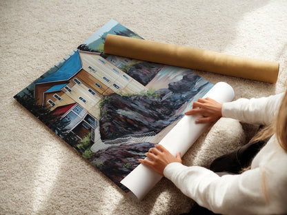 A woman rolling a fine art poster paper of coastal artwork. High-quality nautical artwork ready for framing. This beach house decor is perfect for any room. The fine art poster paper ensures a stunning display. Ideal for coastal style art. Add a touch of the ocean to your home.