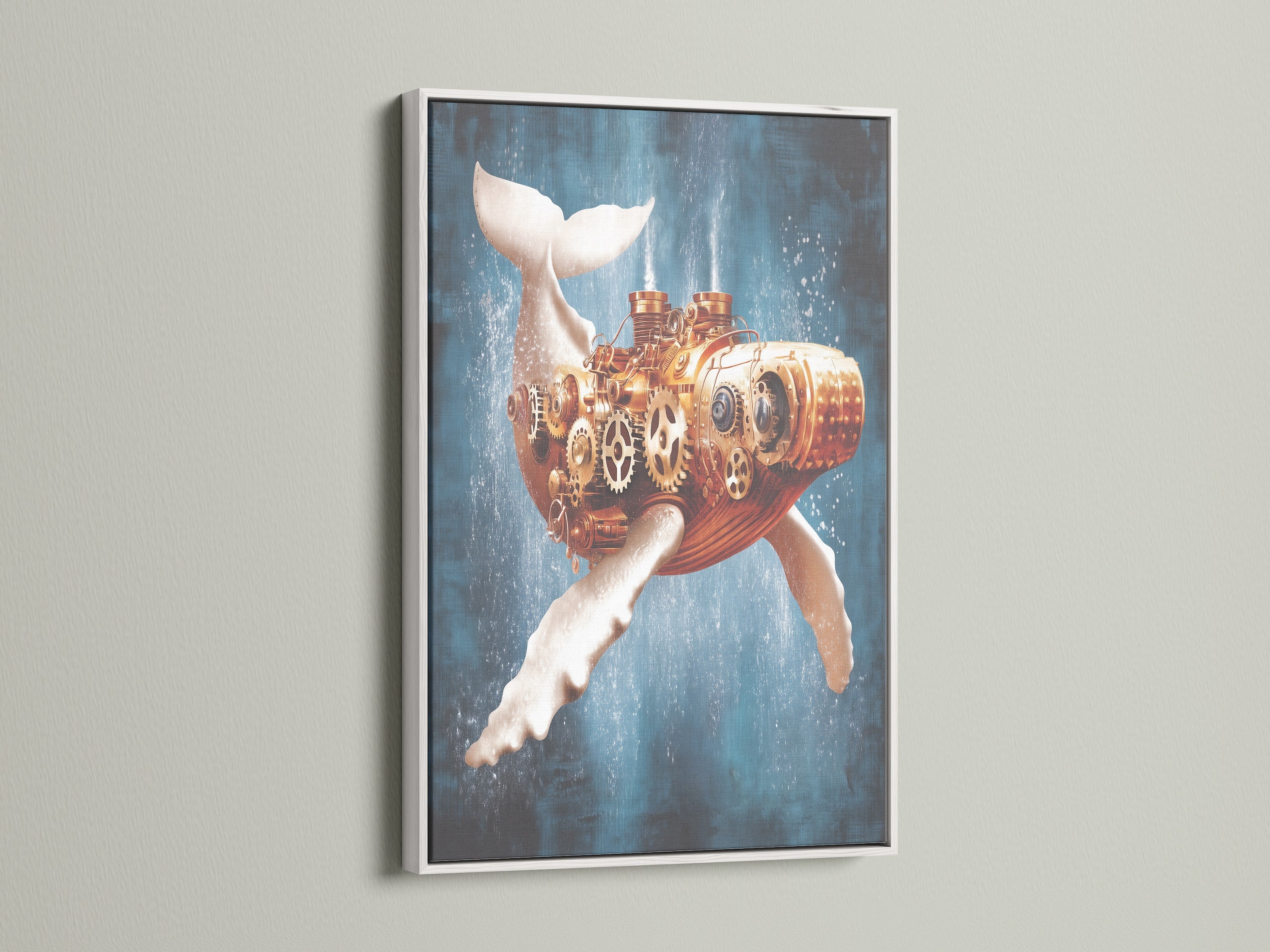 Steampunk Whale canvas artwork in a white frame. This ocean wall artwork features a mechanical whale with gears and nautical elements. Perfect for adding a touch of vintage steampunk to your study room or personal library. This whale art makes a statement.