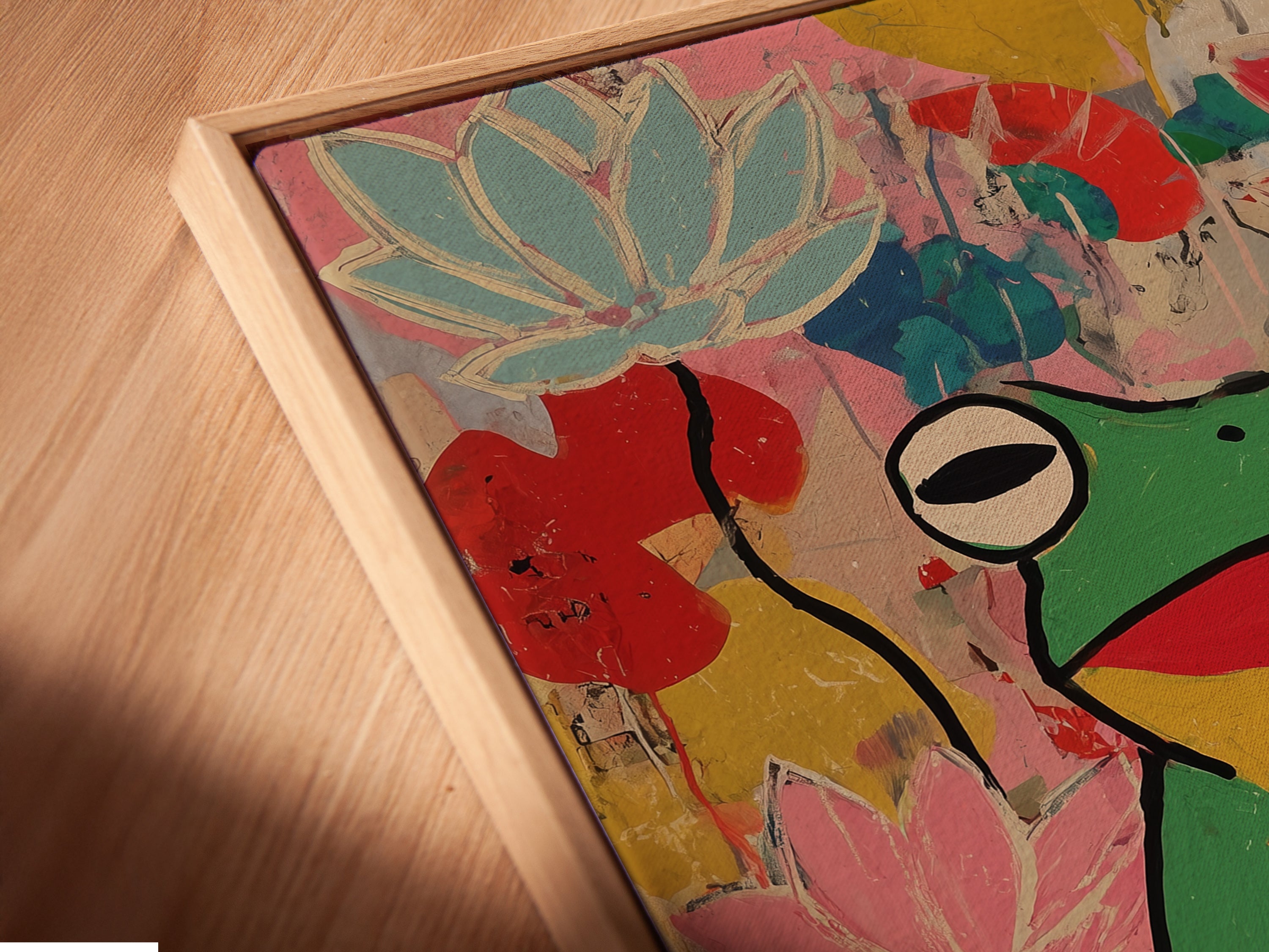 A close-up of the Zen Frog canvas artwork print in a floating frame. The meditation lotus art creates colorful yoga studio decor for mindfulness. It's perfect for art lovers and wellness spaces. The artwork complements eclectic boho contemporary styles