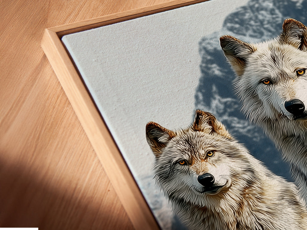 Close-up of a Wolf Pack canvas print in a floating frame. This wildlife art adds depth. The mountain landscape appears to float. It creates a stunning visual effect. The floating frame enhances modern and rustic interiors.