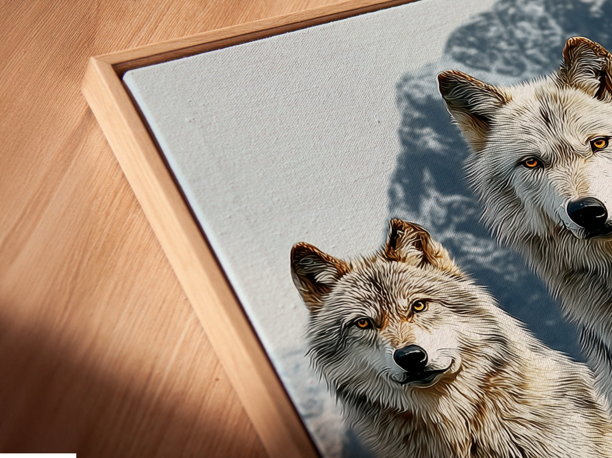 A close up angled view of the wolf pack canvas print in a floating frame. The wildlife artwork appears to float. The piece adds a contemporary touch to rustic decor. The floating frame enhances the artwork's visual appeal. Perfect for modern spaces.
