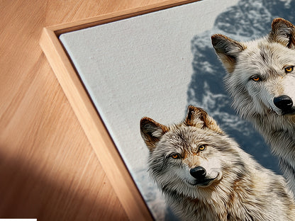 A close up angled view of the wolf pack canvas print in a floating frame. The wildlife artwork appears to float. The piece adds a contemporary touch to rustic decor. The floating frame enhances the artwork's visual appeal. Perfect for modern spaces.