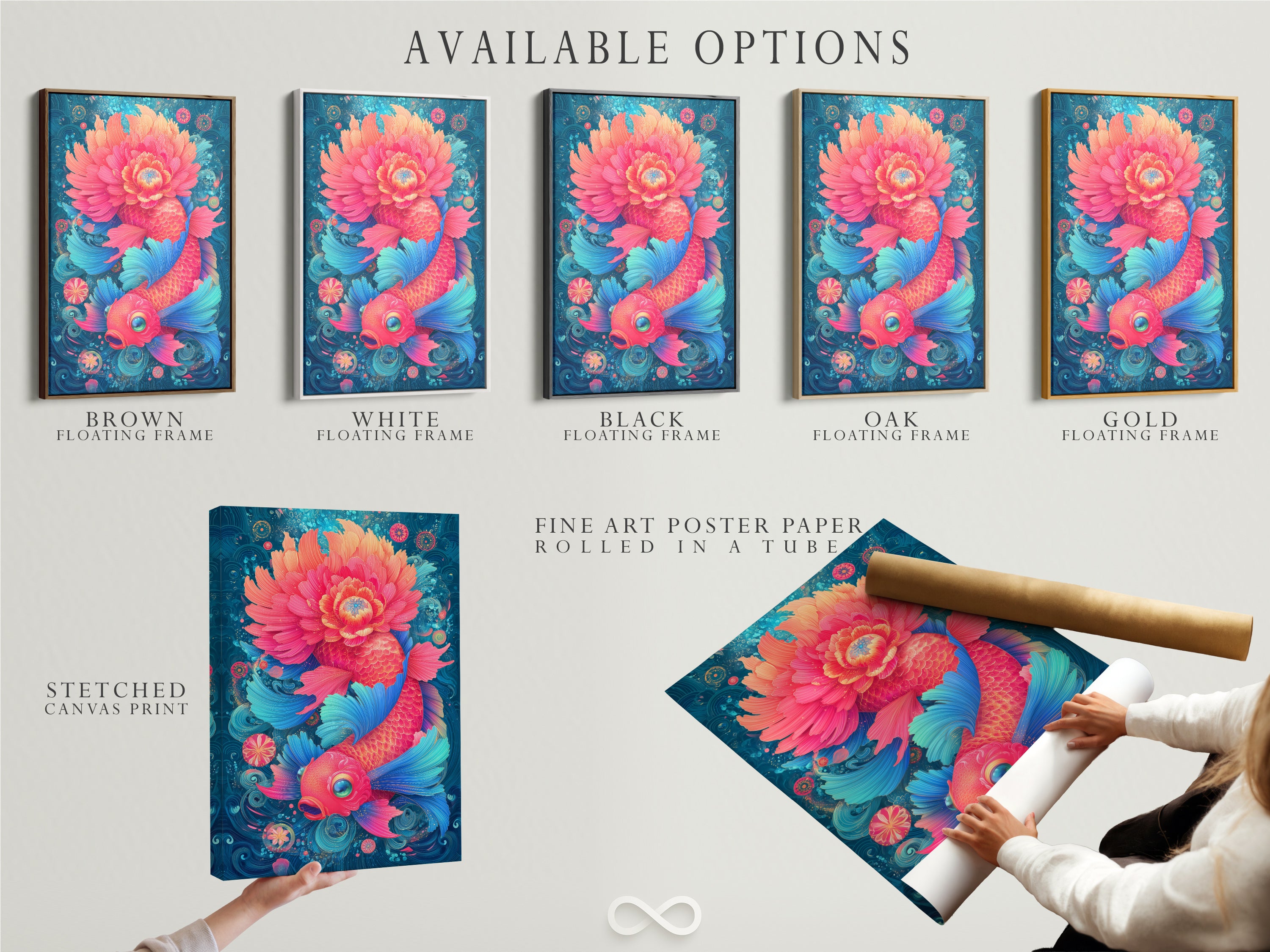 Available options for the koi fish artwork are displayed. Choose from a stretched canvas print fine art poster paper or a floating frame. This modern Asian artwork features a pink fish and teal floral details. Customize your art today.