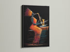 A black frame highlights the abstract music wall art of a jazz saxophone player. This colorful line art print is perfect for adding a touch of modern art to any space. Elevate your music room decor with this musician art.
