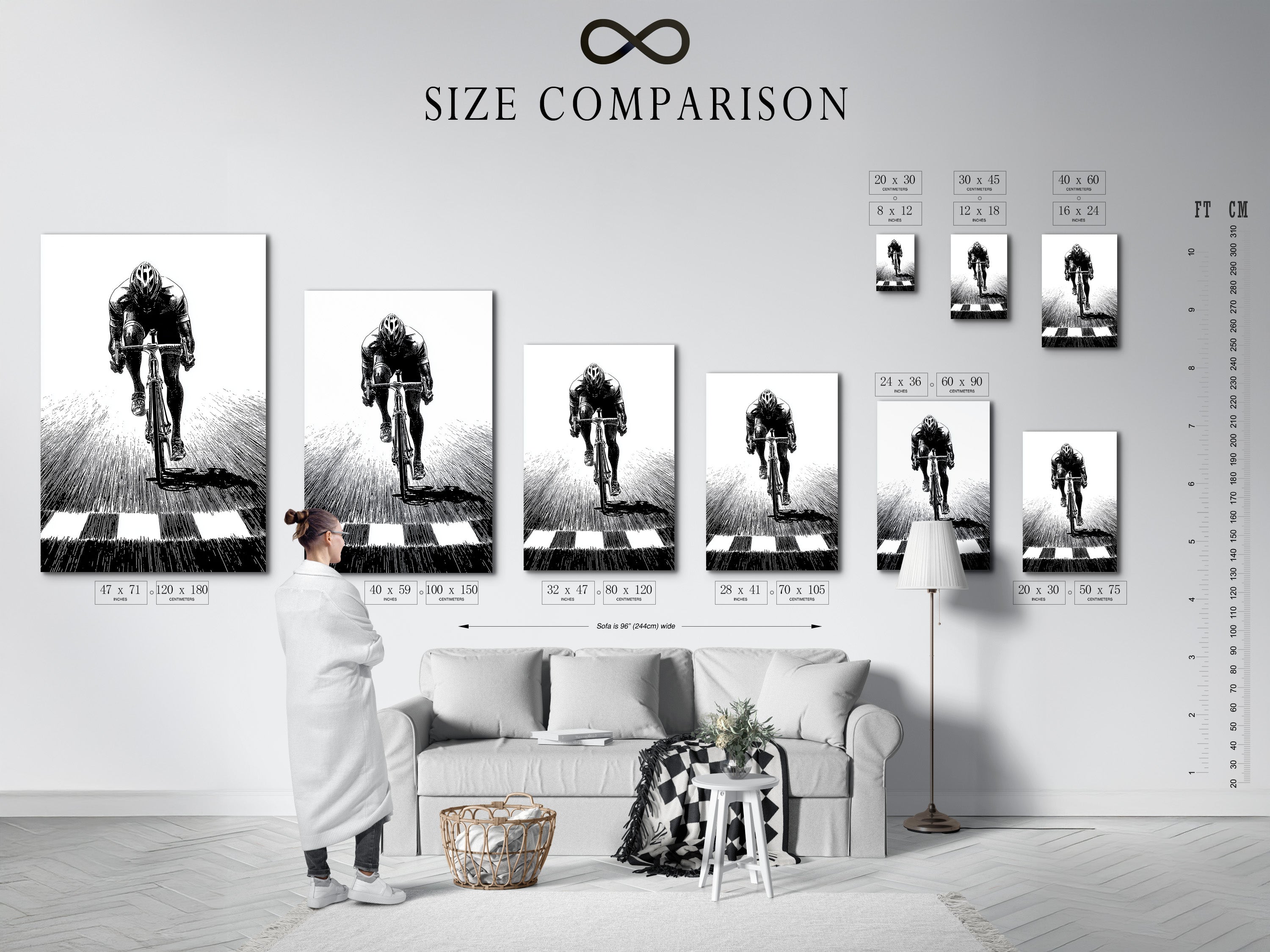 A size comparison chart in an interior setting. See how different sizes of cycling art fit in a room. Visualize the impact of each size on your decor. This chart helps you choose the perfect size for your space. Find the ideal piece for your home or office.