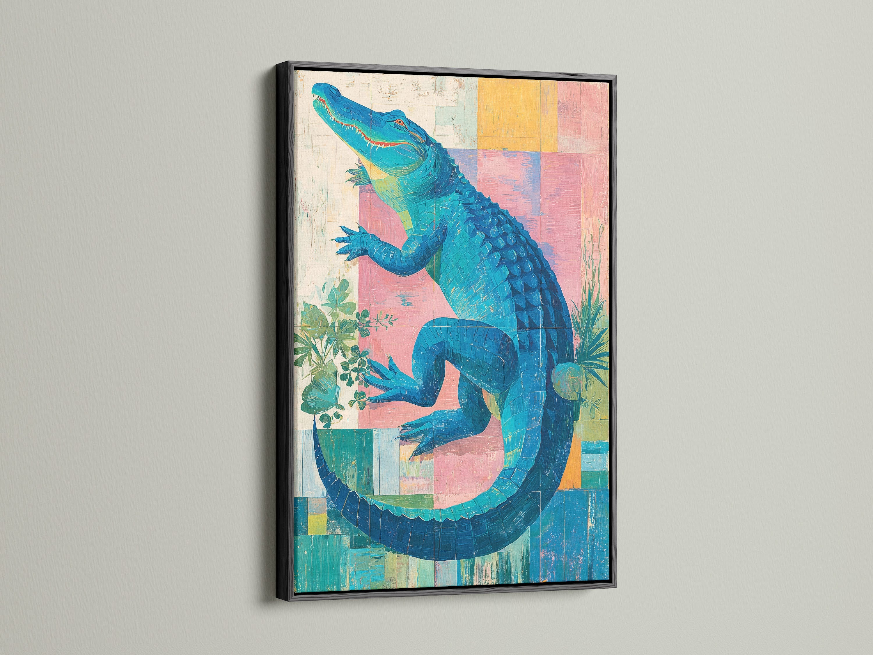 The alligator canvas art is striking in a black frame. This piece makes a bold statement in any room. The black frame adds a touch of sophistication. It is ideal for eclectic or tropical-themed decor.
