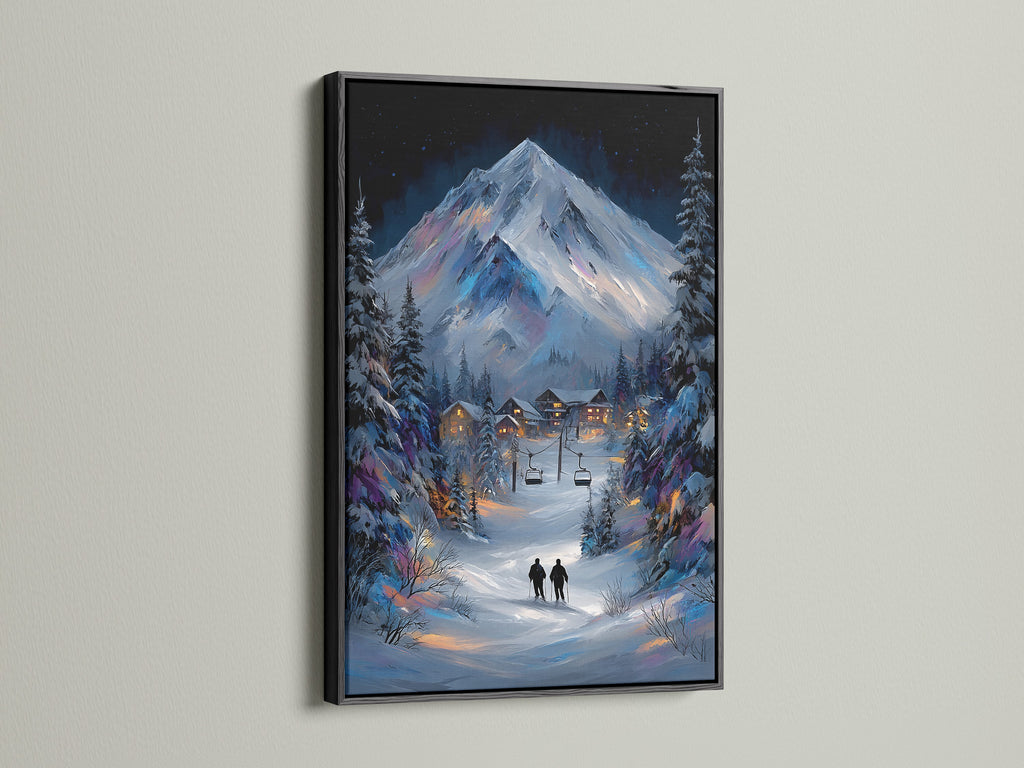 Add a touch of sophistication with a black frame. This winter mountain canvas artwork is perfect for ski lodge decor. The snowy alpine landscape painting creates a cozy cabin feel. Black frame provides a striking contrast to the winter scene.
