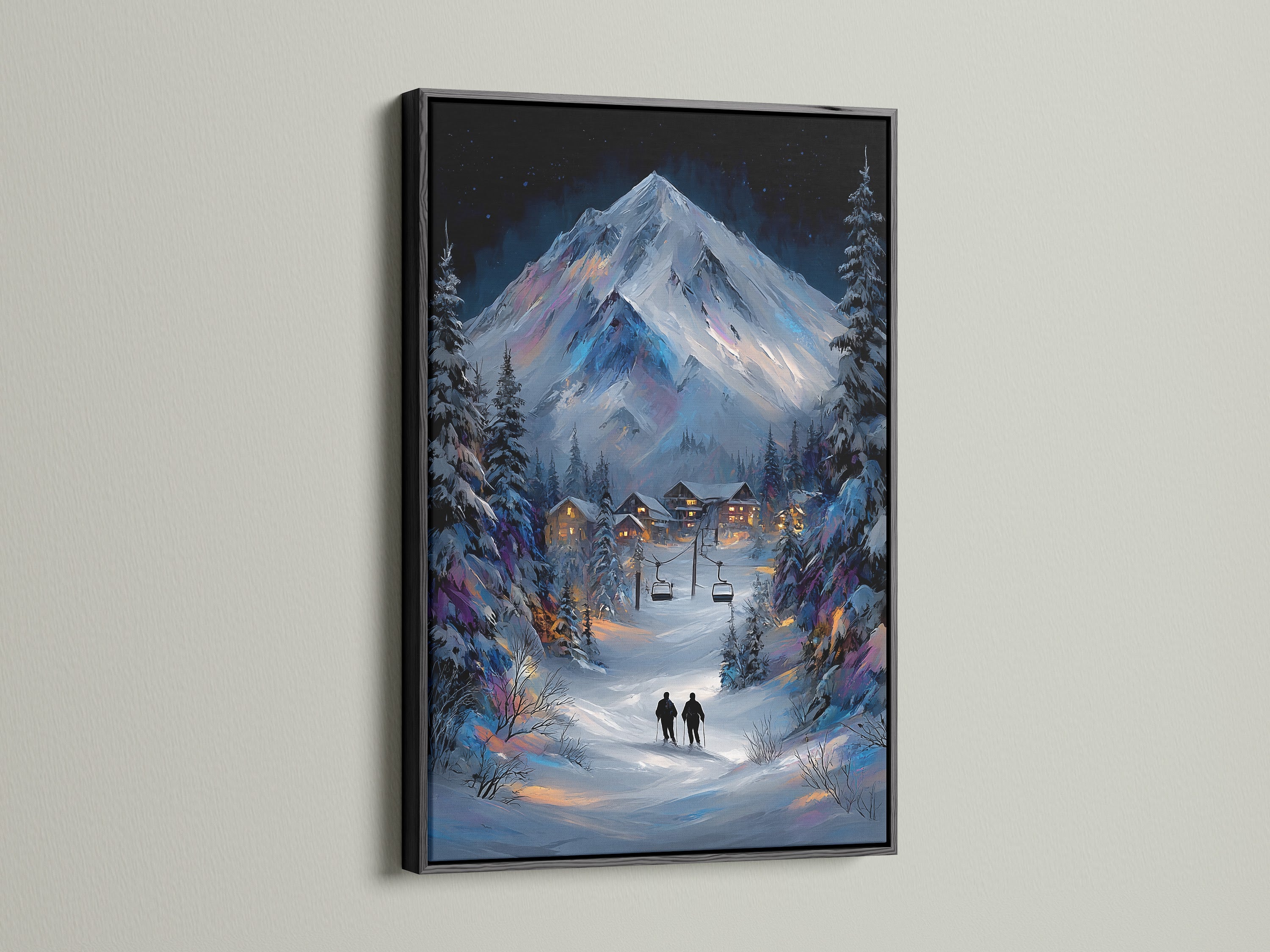 Add a touch of sophistication with a black frame. This winter mountain canvas artwork is perfect for ski lodge decor. The snowy alpine landscape painting creates a cozy cabin feel. Black frame provides a striking contrast to the winter scene.