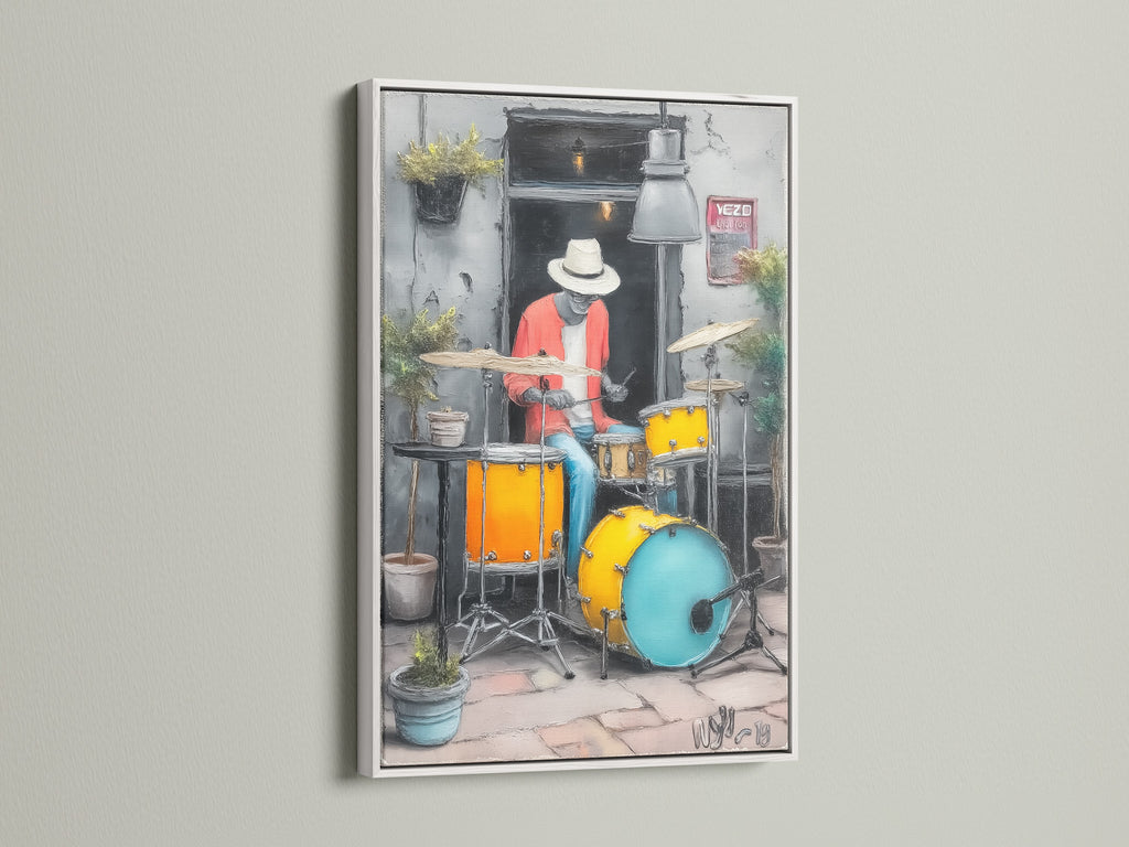 Jazz Drummer artwork with a white frame. The modern musician artwork is great for any space. The urban music wall art adds a cool tone. This jazz art print is a perfect gift for music lovers. 