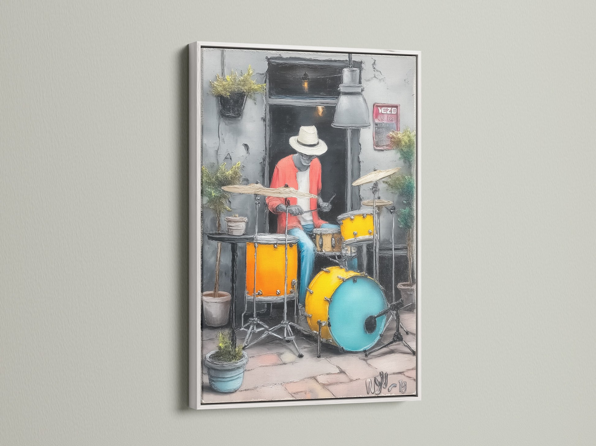 Jazz Drummer artwork with a white frame. The modern musician artwork is great for any space. The urban music wall art adds a cool tone. This jazz art print is a perfect gift for music lovers. 
