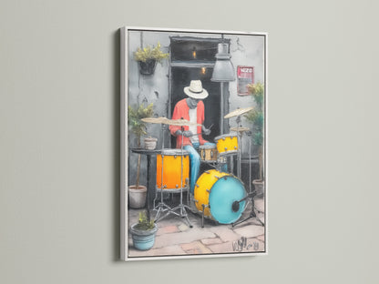 Jazz Drummer artwork with a white frame. The modern musician artwork is great for any space. The urban music wall art adds a cool tone. This jazz art print is a perfect gift for music lovers. 