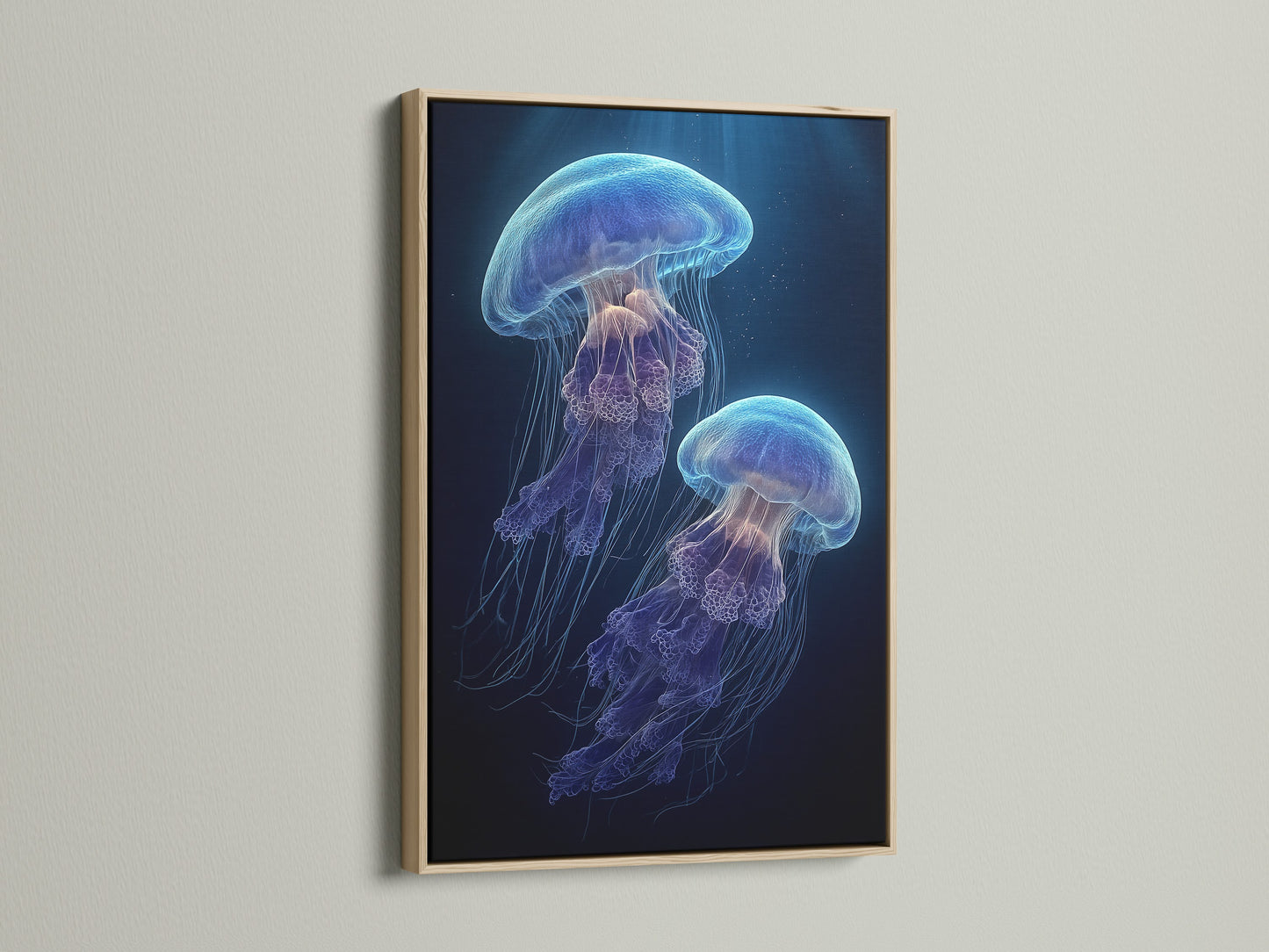 Admire jellyfish artwork in an oak frame. The art is displayed in a well lit room. The oak frame adds warmth to the piece. Enhance your home decor with framed artwork. Choose oak for a natural touch.