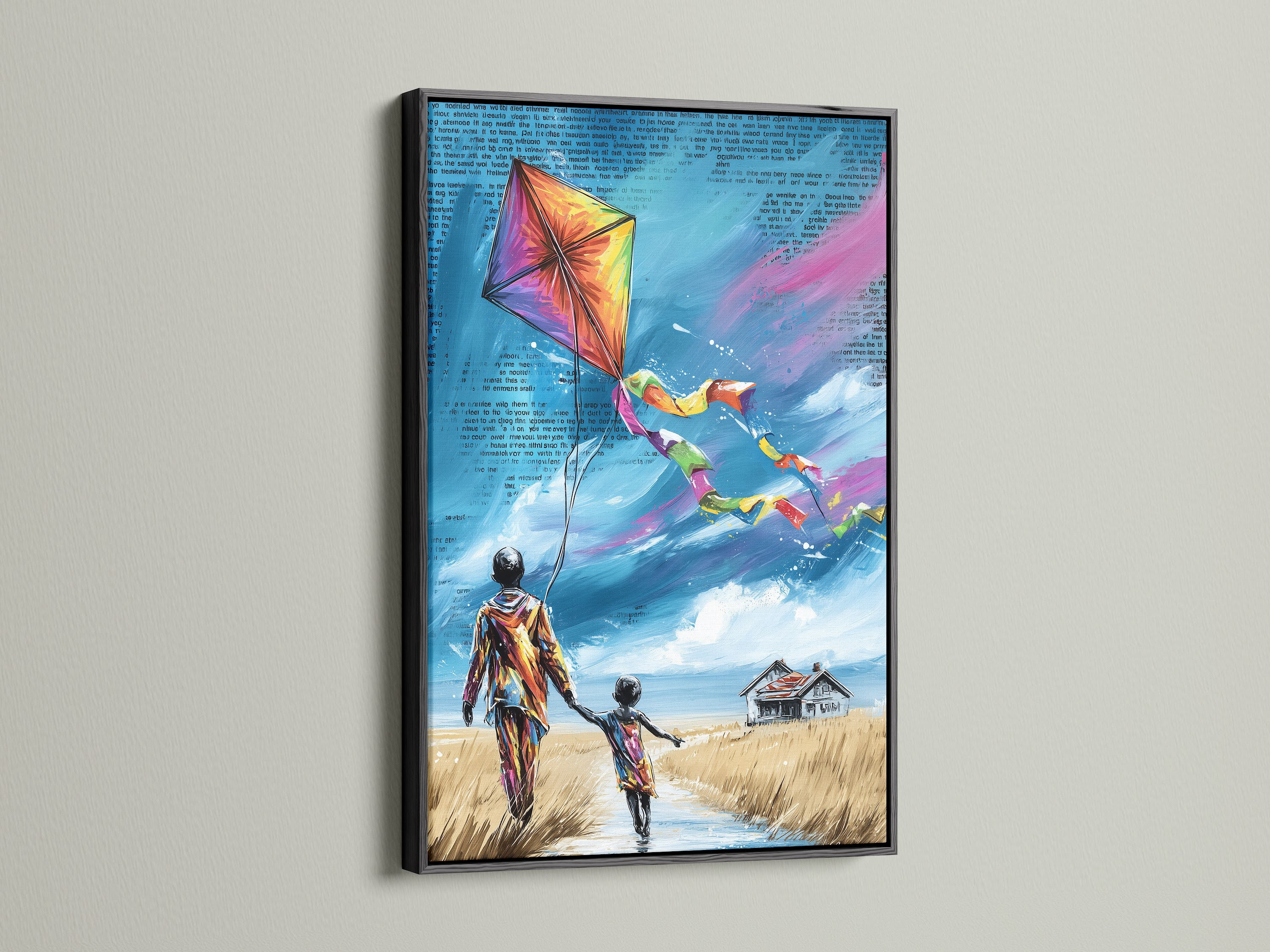 The artwork is framed in sleek black adding a bold statement to the kite-flying artwork. The black frame enhances the artwork's colors and whimsical details. The art shows a child and adult figure. This piece is ideal for modern homes seeking uplifting and family-oriented art.