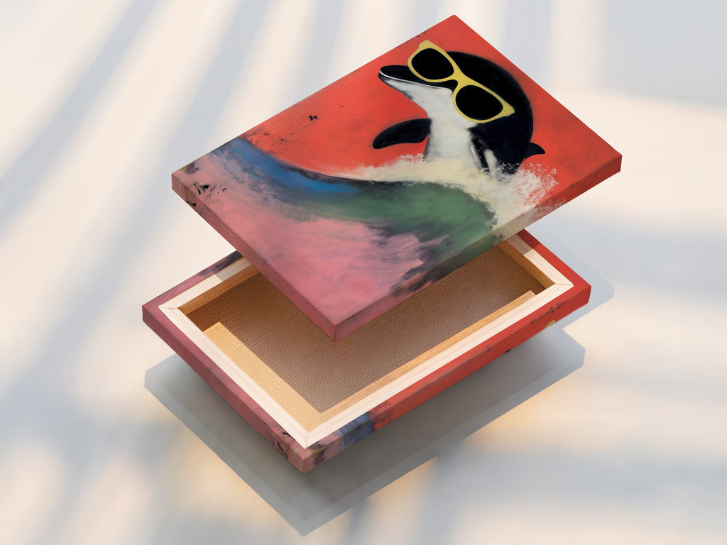 Stretched canvas print displays a retro penguin artwork. This cool animal print is ready to hang. Perfect for adding a playful touch to any room. The quirky bird art features sunglasses against a red backdrop. The stretched canvas provides a clean and modern look enhancing the overall visual appeal of this fun wall decor.