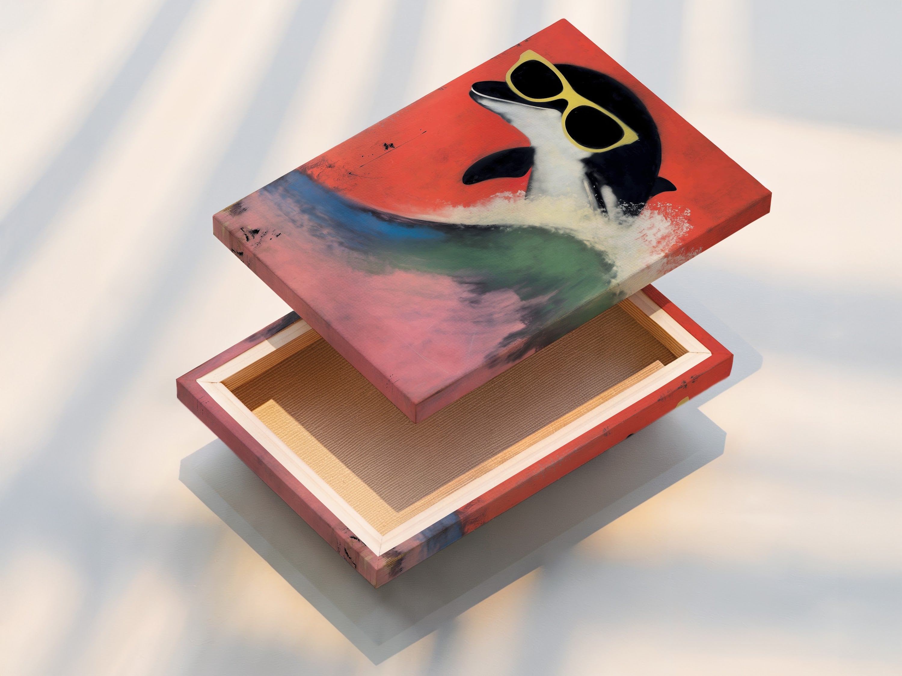 Stretched canvas print displays a retro penguin artwork. This cool animal print is ready to hang. Perfect for adding a playful touch to any room. The quirky bird art features sunglasses against a red backdrop. The stretched canvas provides a clean and modern look enhancing the overall visual appeal of this fun wall decor.