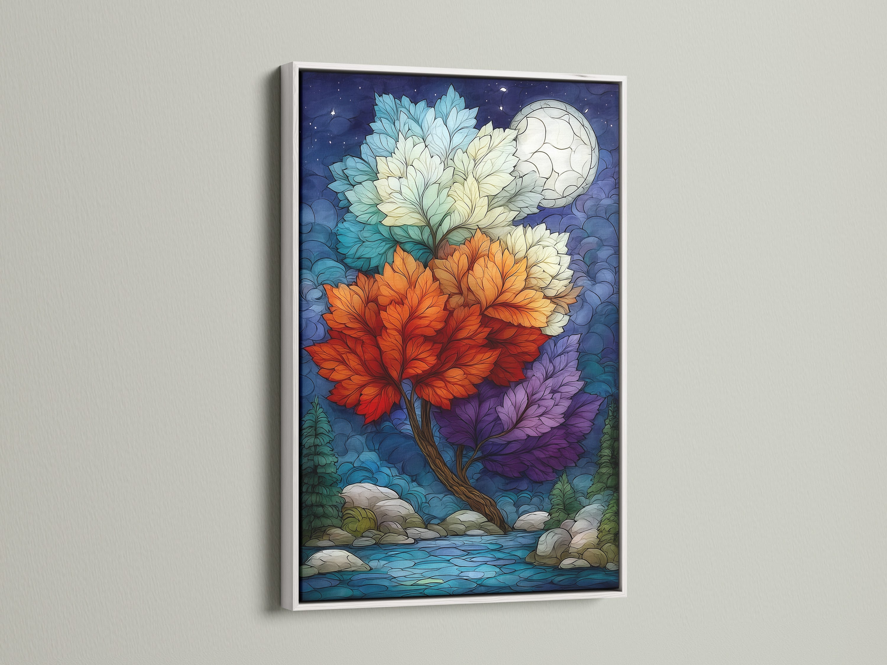 A vibrant magical tree artwork is presented in a white frame. The artwork showcases a colorful nature scene with a fantasy moon. This moon tree print brings a whimsical touch to your walls. It's ideal for living rooms bedrooms offices studios lobbies clinics and cafés.