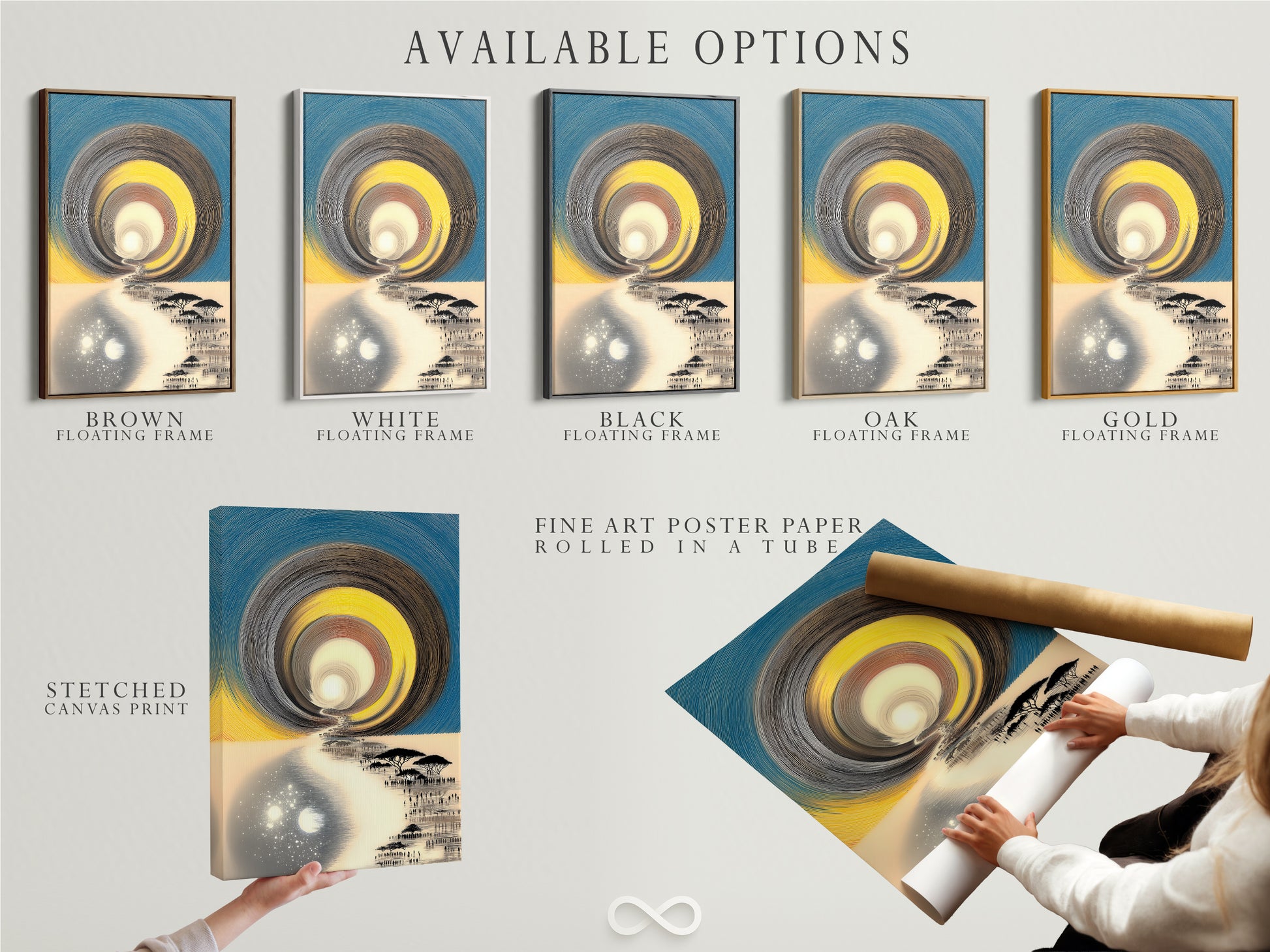 A display of available artwork options. These include stretched canvas prints. Also fine art poster paper and floating frames. Choose the best option for your artwork and space. Available to homeowners and business owners. See the various artwork display styles.